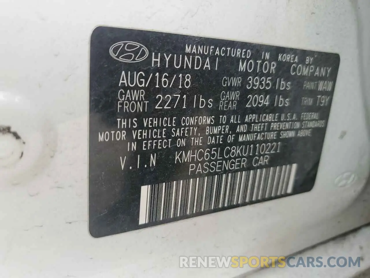 12 Photograph of a damaged car KMHC65LC8KU110221 HYUNDAI IONIQ 2019