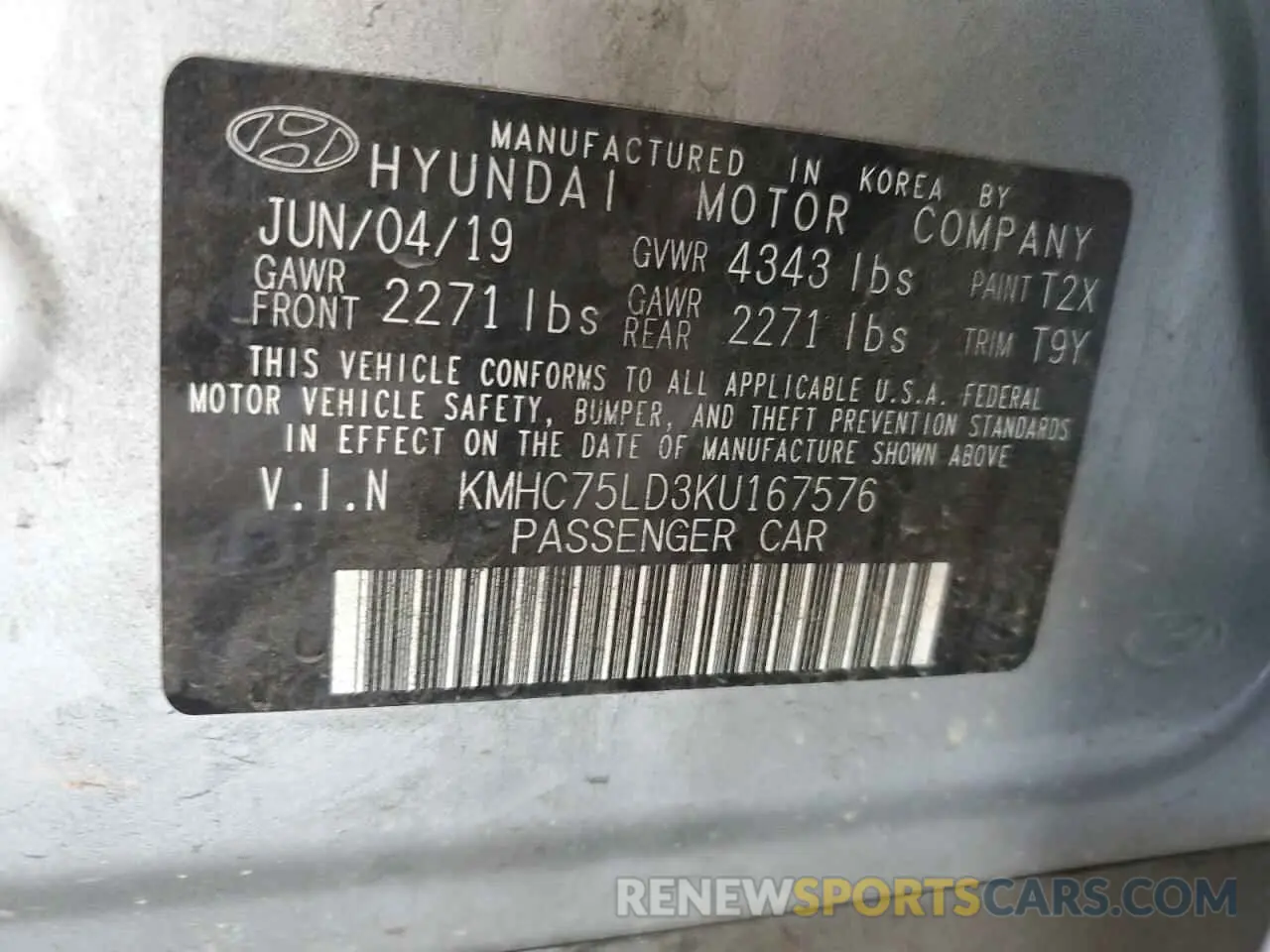 12 Photograph of a damaged car KMHC75LD3KU167576 HYUNDAI IONIQ 2019