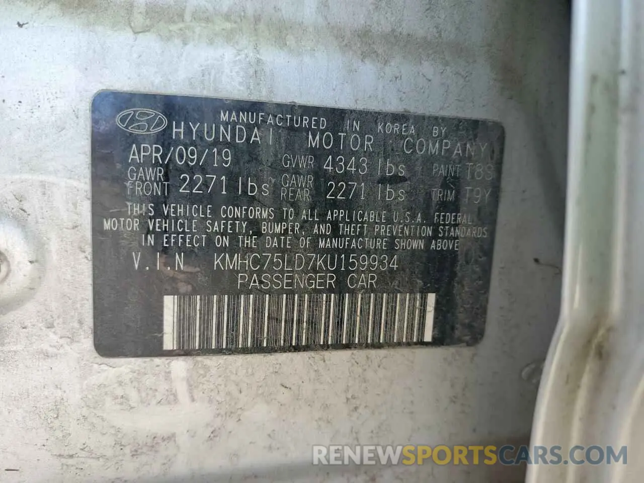 14 Photograph of a damaged car KMHC75LD7KU159934 HYUNDAI IONIQ 2019
