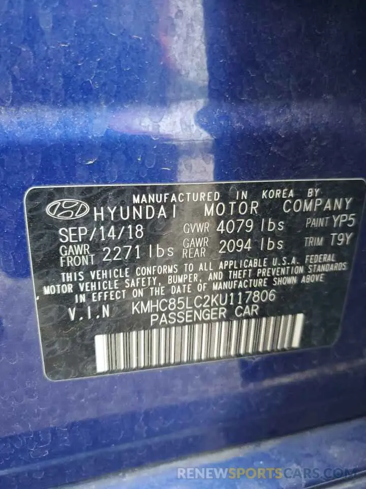 12 Photograph of a damaged car KMHC85LC2KU117806 HYUNDAI IONIQ 2019