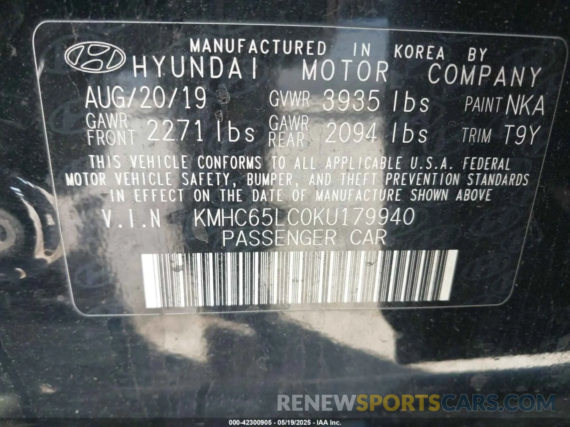 9 Photograph of a damaged car KMHC65LC0KU179940 HYUNDAI IONIQ HYBRID 2019