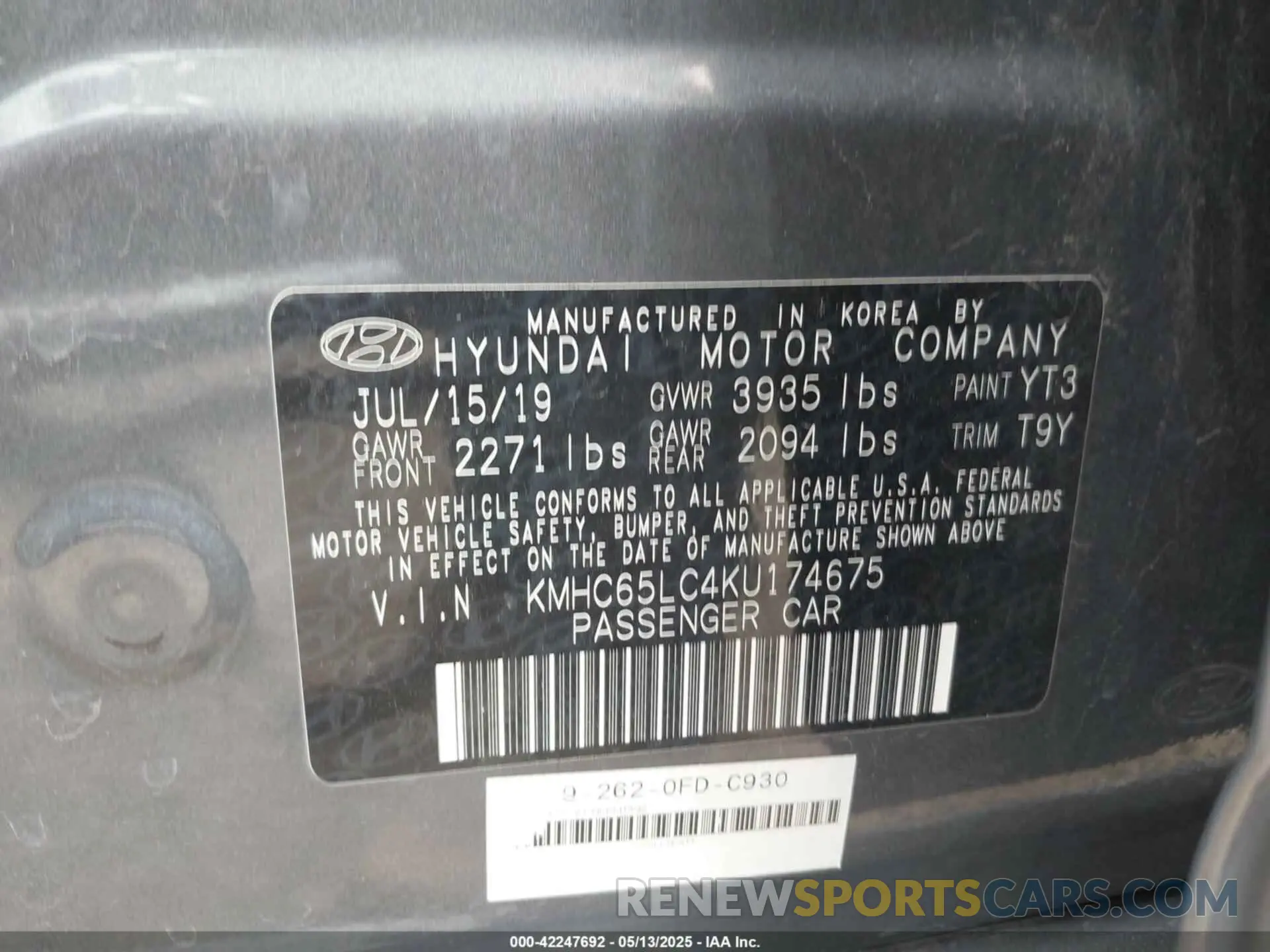 9 Photograph of a damaged car KMHC65LC4KU174675 HYUNDAI IONIQ HYBRID 2019