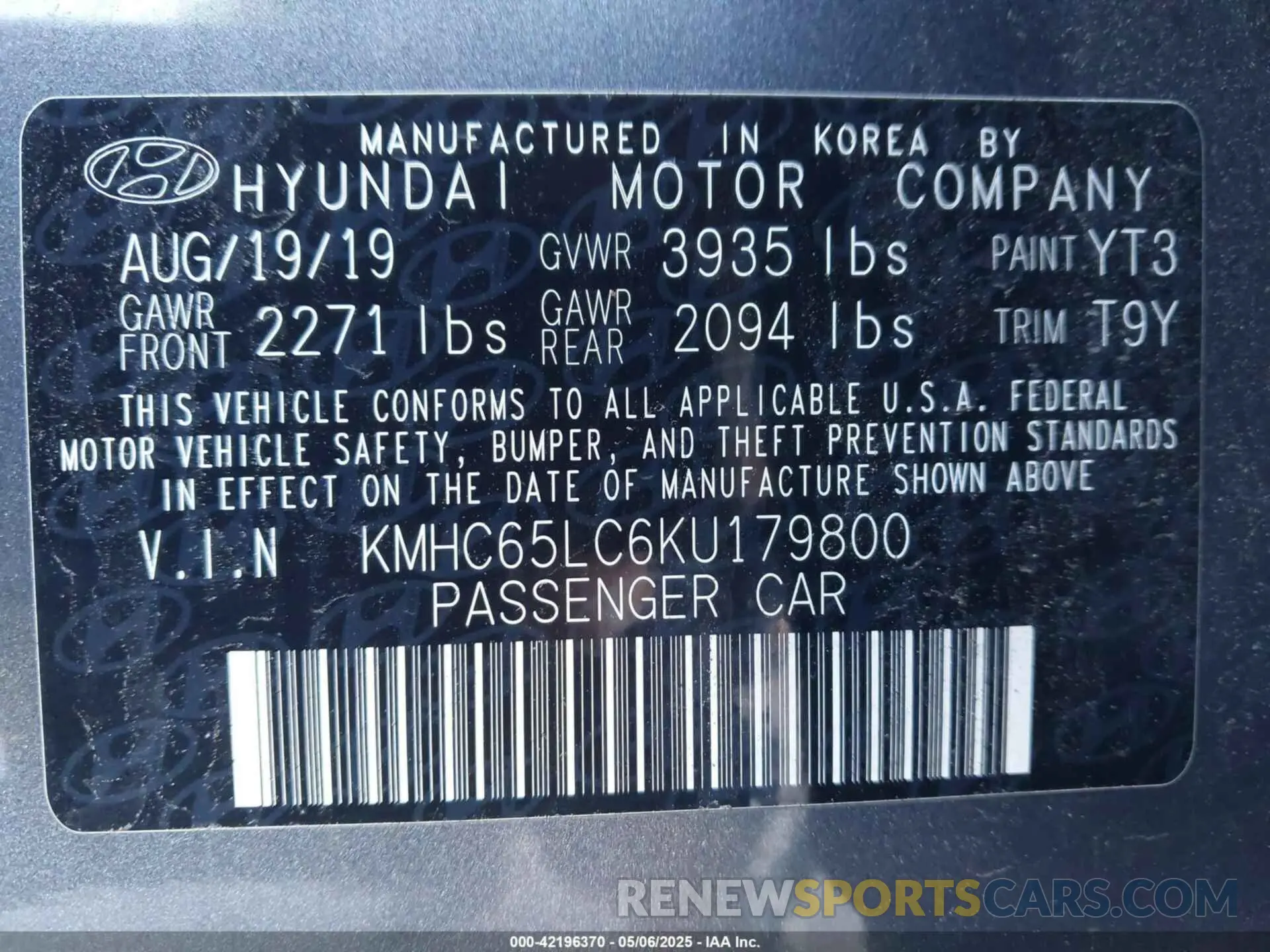 9 Photograph of a damaged car KMHC65LC6KU179800 HYUNDAI IONIQ HYBRID 2019