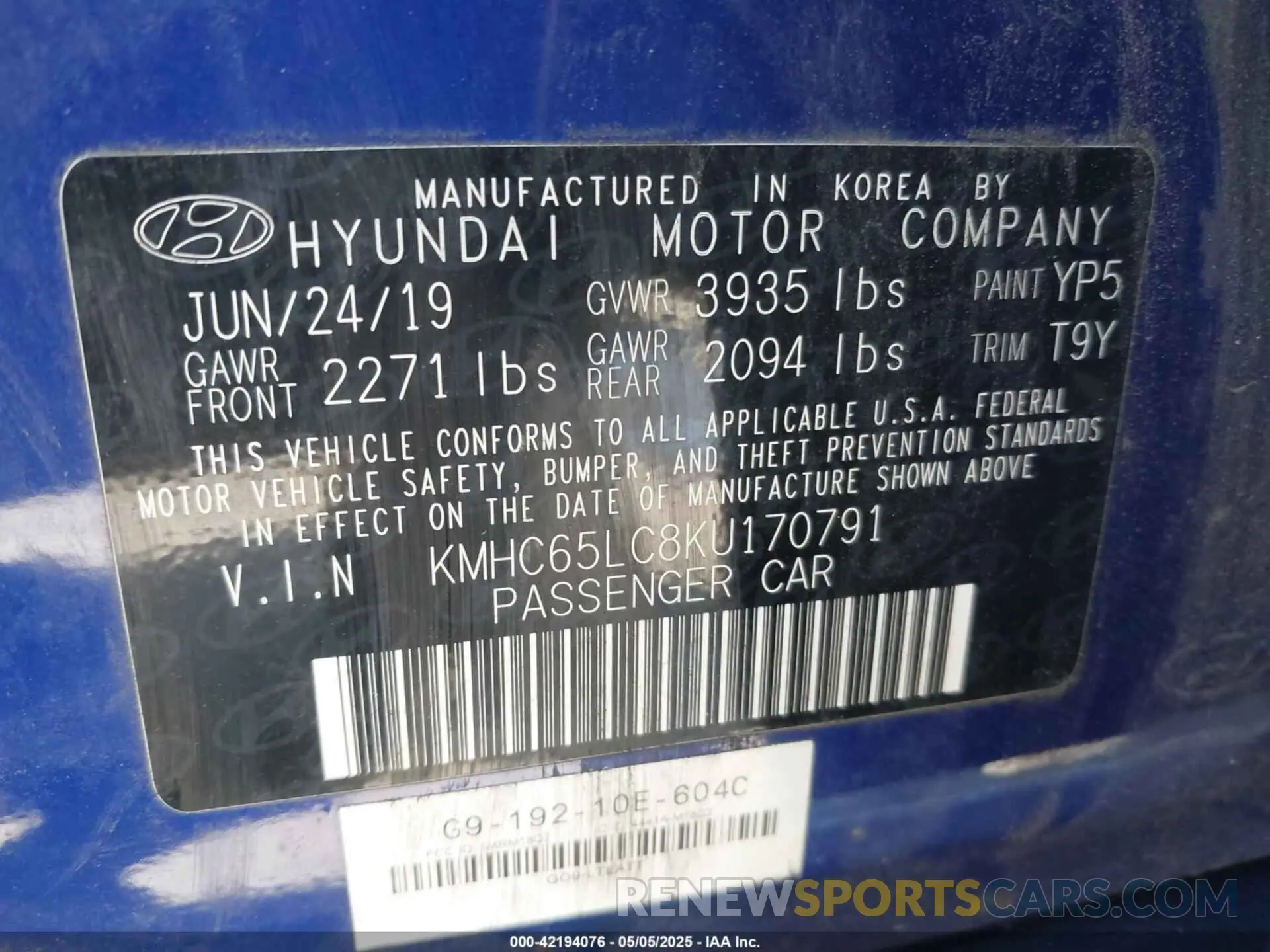 9 Фотография поврежденного автомобиля KMHC65LC8KU170791 HYUNDAI IONIQ HYBRID 2019
