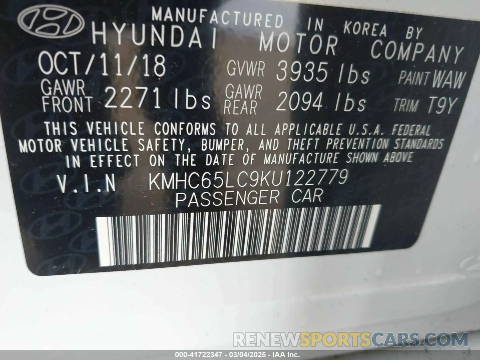 9 Photograph of a damaged car KMHC65LC9KU122779 HYUNDAI IONIQ HYBRID 2019