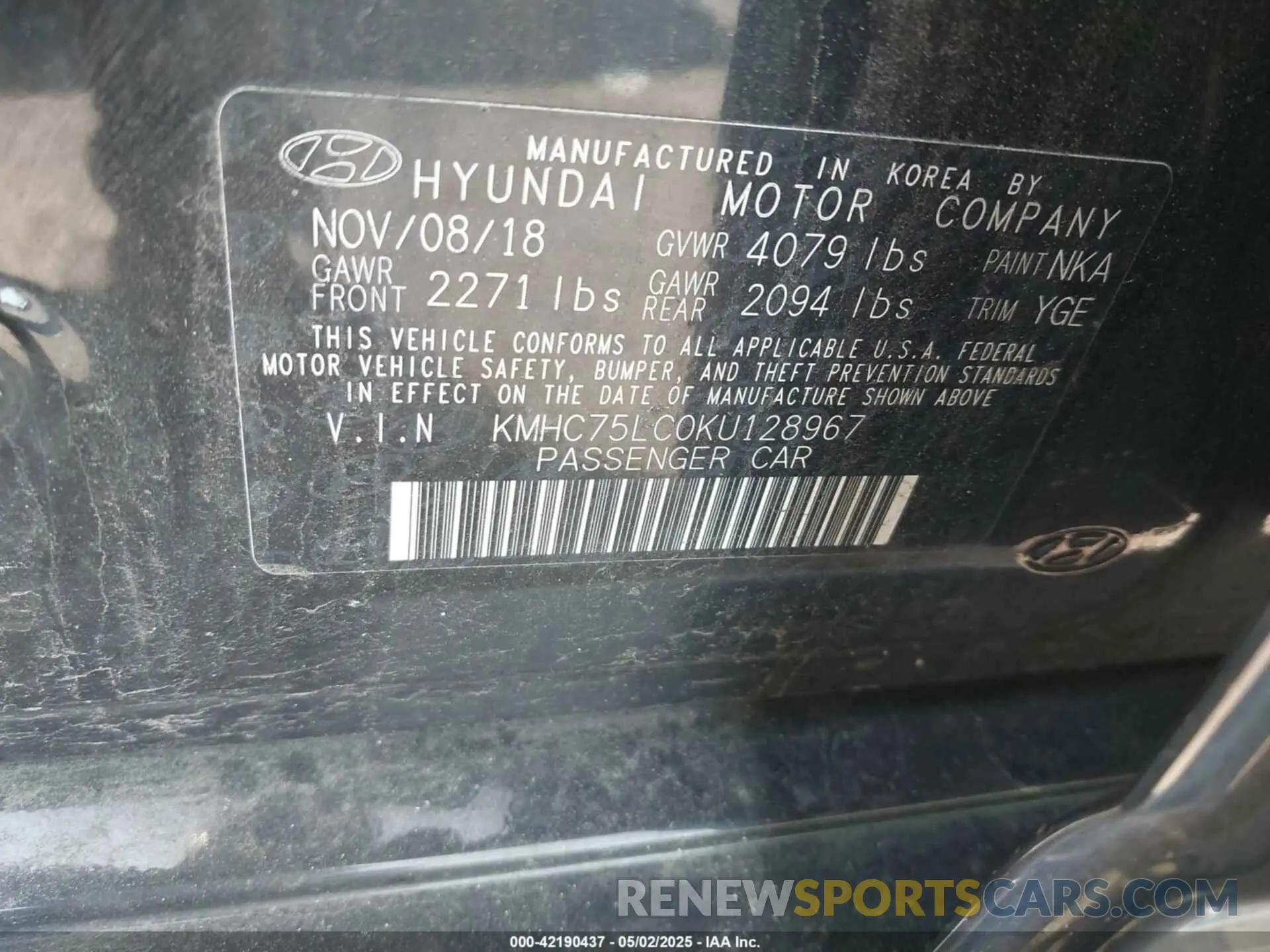 9 Photograph of a damaged car KMHC75LC0KU128967 HYUNDAI IONIQ HYBRID 2019