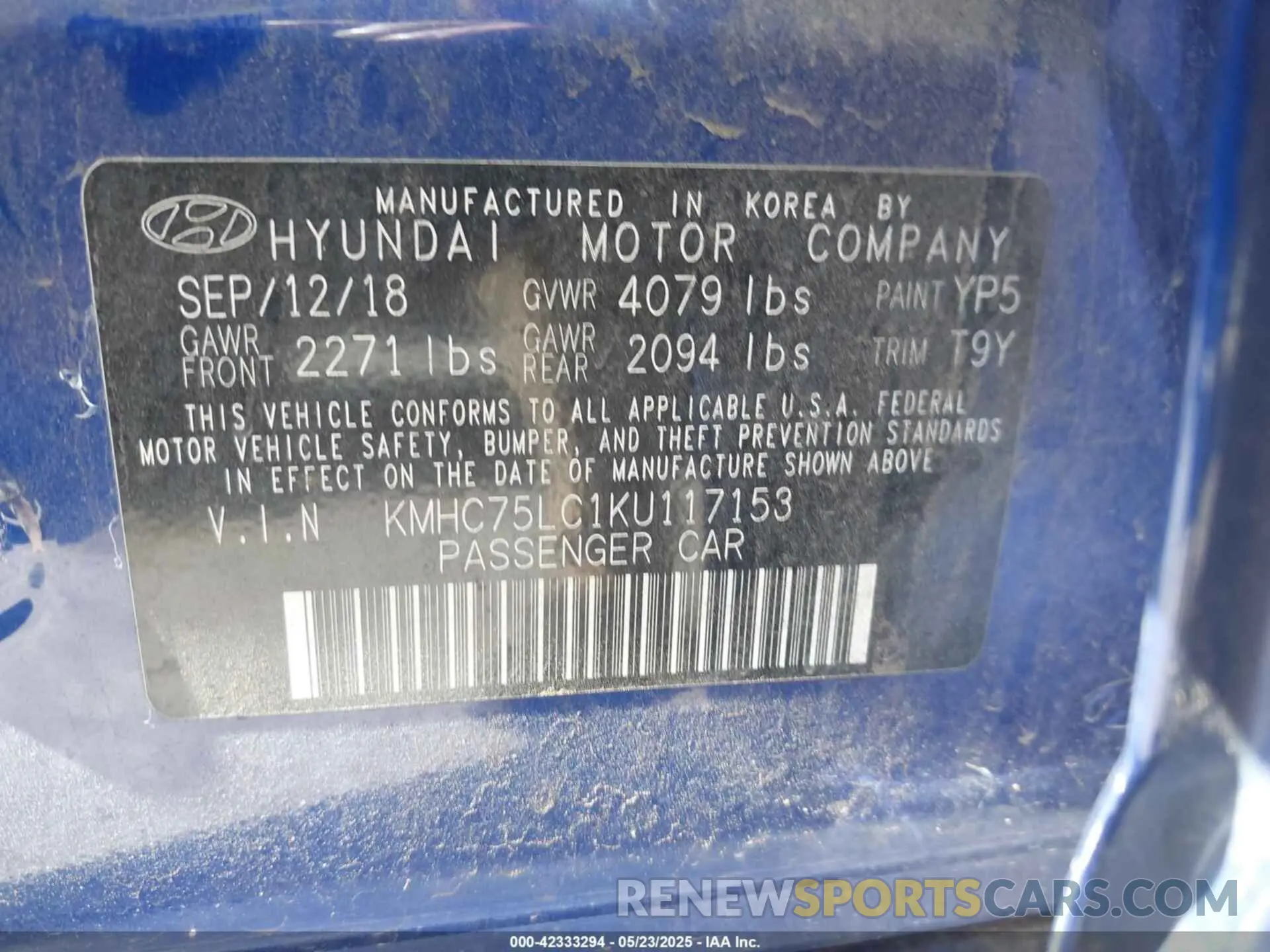 9 Photograph of a damaged car KMHC75LC1KU117153 HYUNDAI IONIQ HYBRID 2019