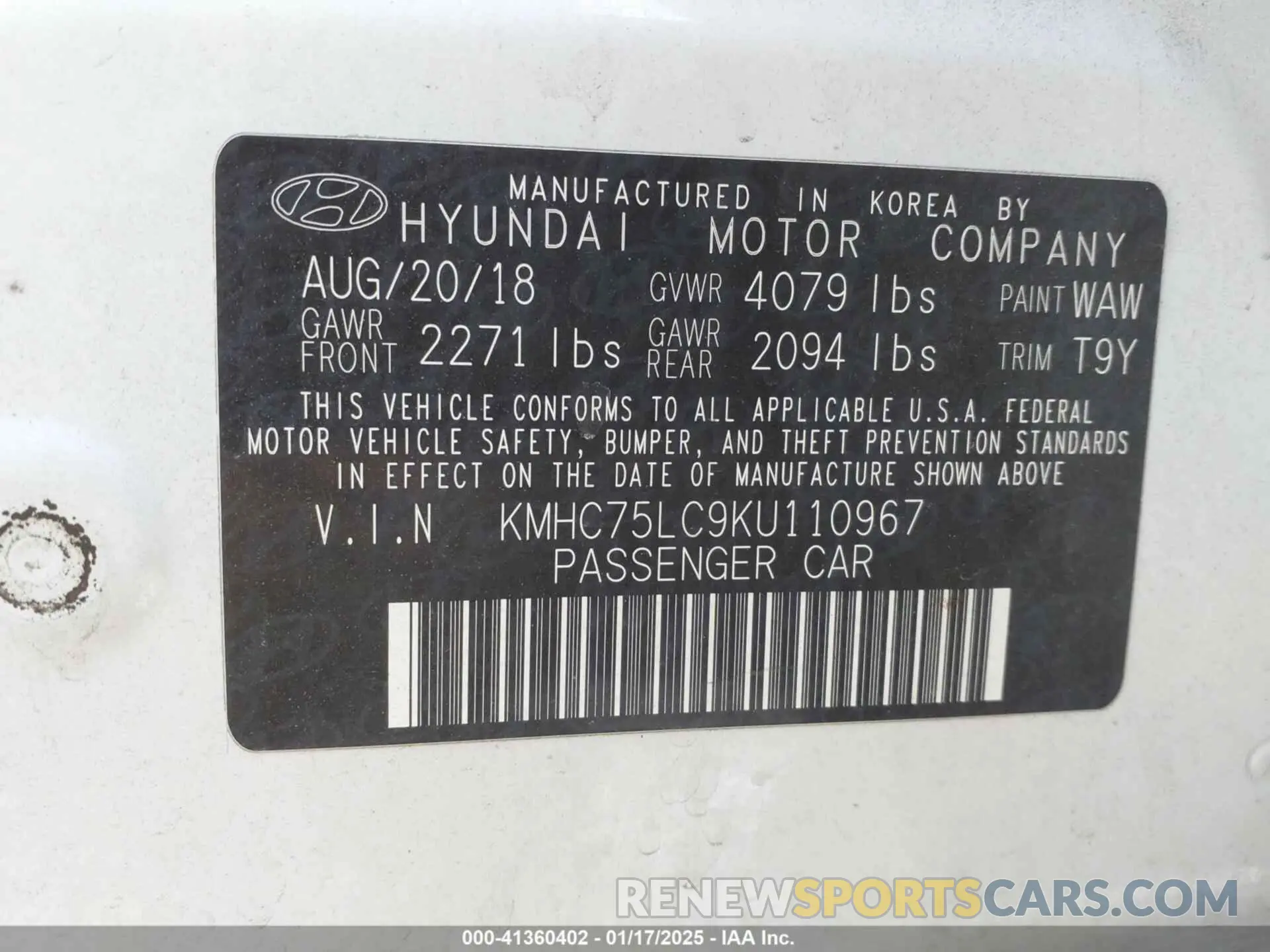 9 Photograph of a damaged car KMHC75LC9KU110967 HYUNDAI IONIQ HYBRID 2019