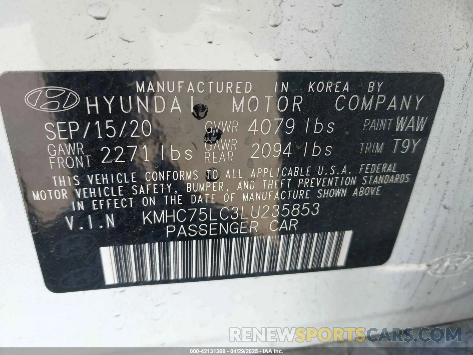 9 Photograph of a damaged car KMHC75LC3LU235853 HYUNDAI IONIQ HYBRID 2020