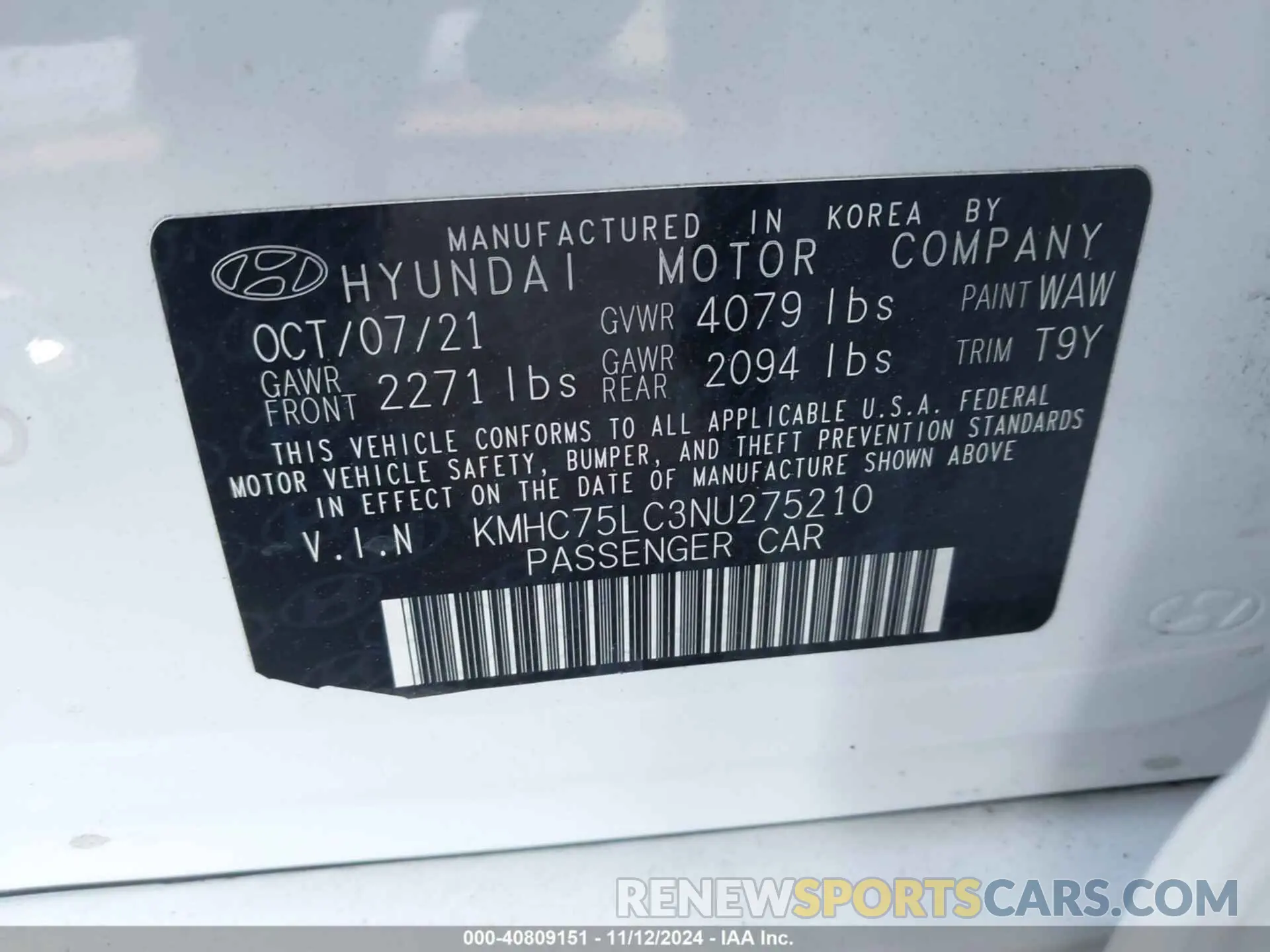 9 Фотография поврежденного автомобиля KMHC75LC3NU275210 HYUNDAI IONIQ HYBRID 2022