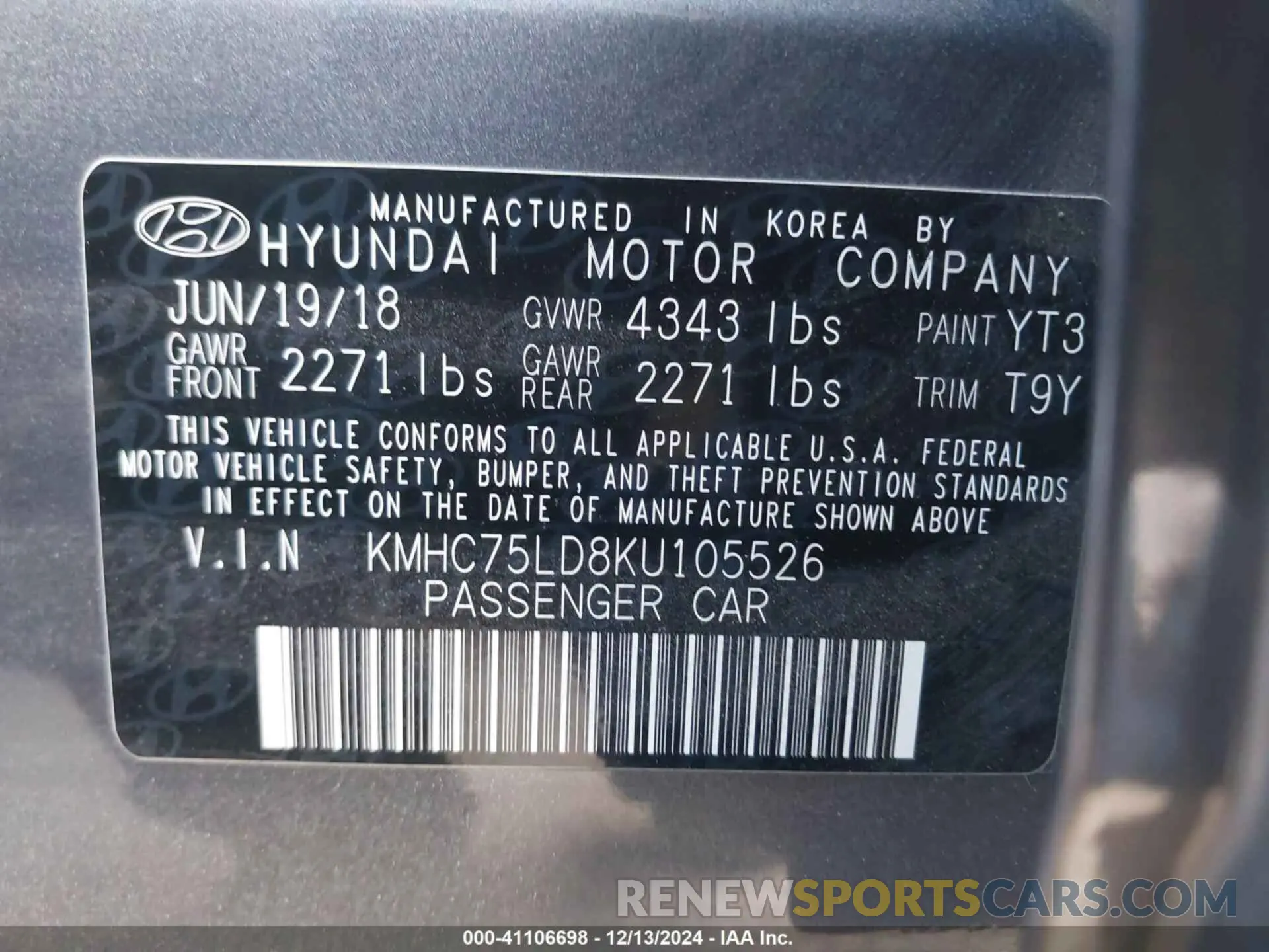 9 Фотография поврежденного автомобиля KMHC75LD8KU105526 HYUNDAI IONIQ PLUG-IN HYBRID 2019
