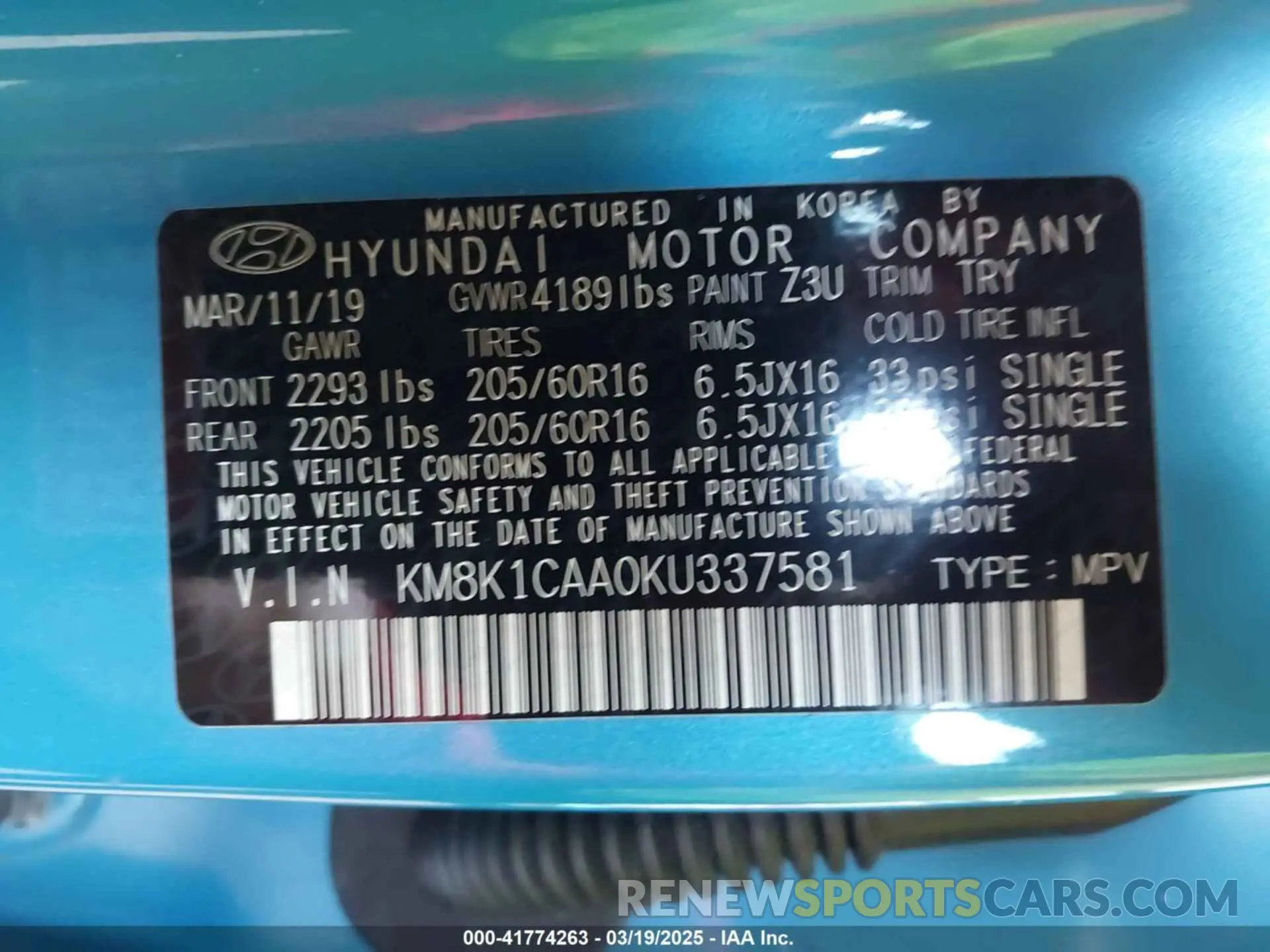 9 Фотография поврежденного автомобиля KM8K1CAA0KU337581 HYUNDAI KONA 2019