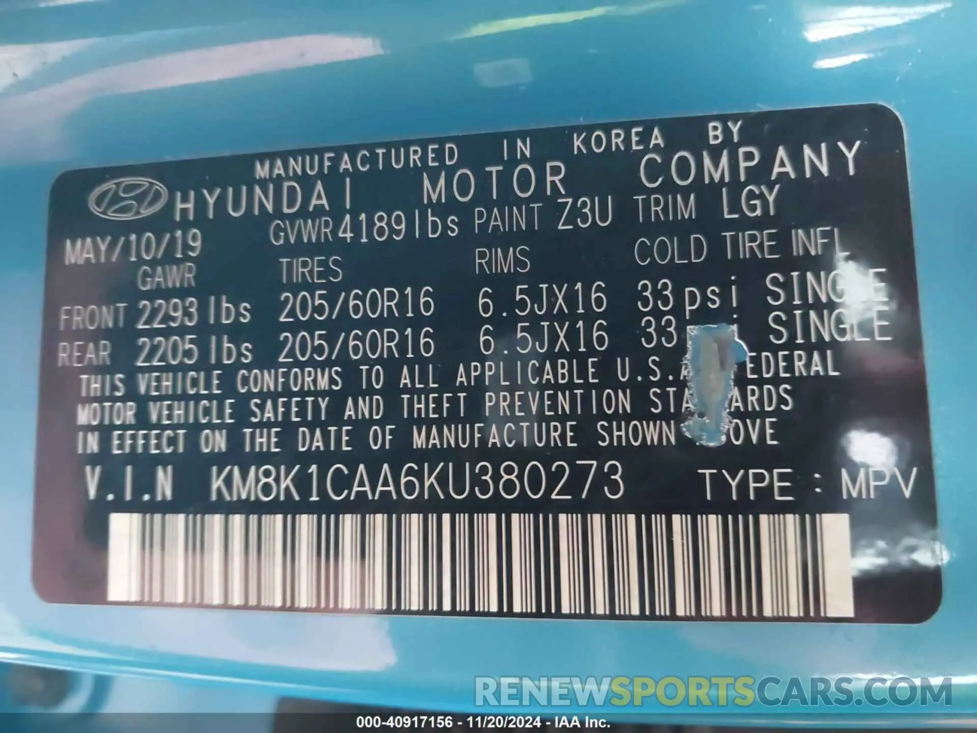 9 Photograph of a damaged car KM8K1CAA6KU380273 HYUNDAI KONA 2019