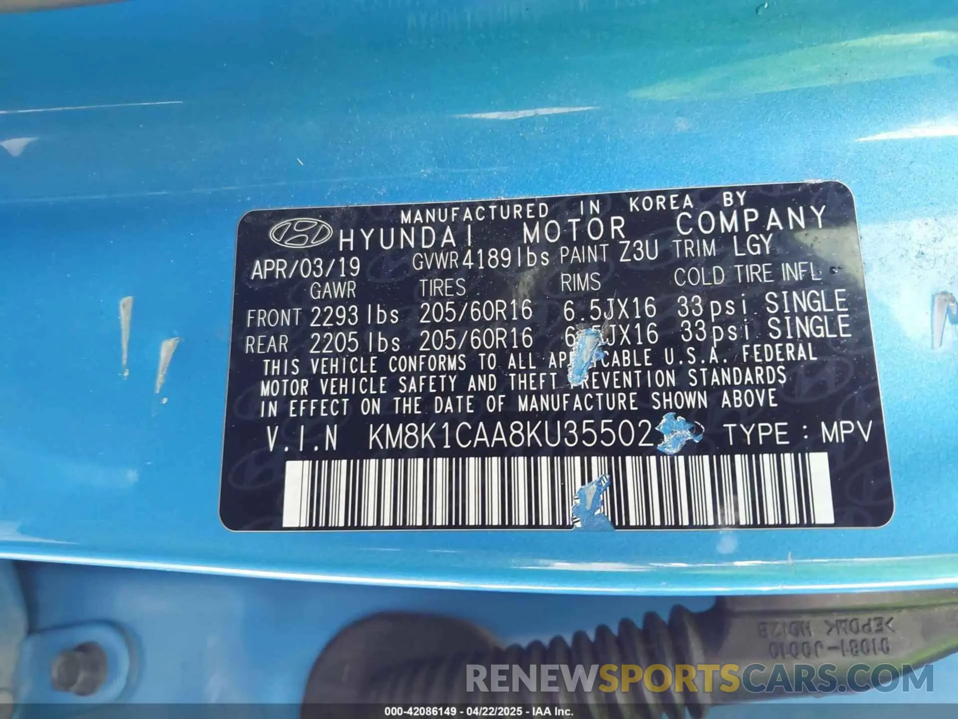 9 Фотография поврежденного автомобиля KM8K1CAA8KU355021 HYUNDAI KONA 2019