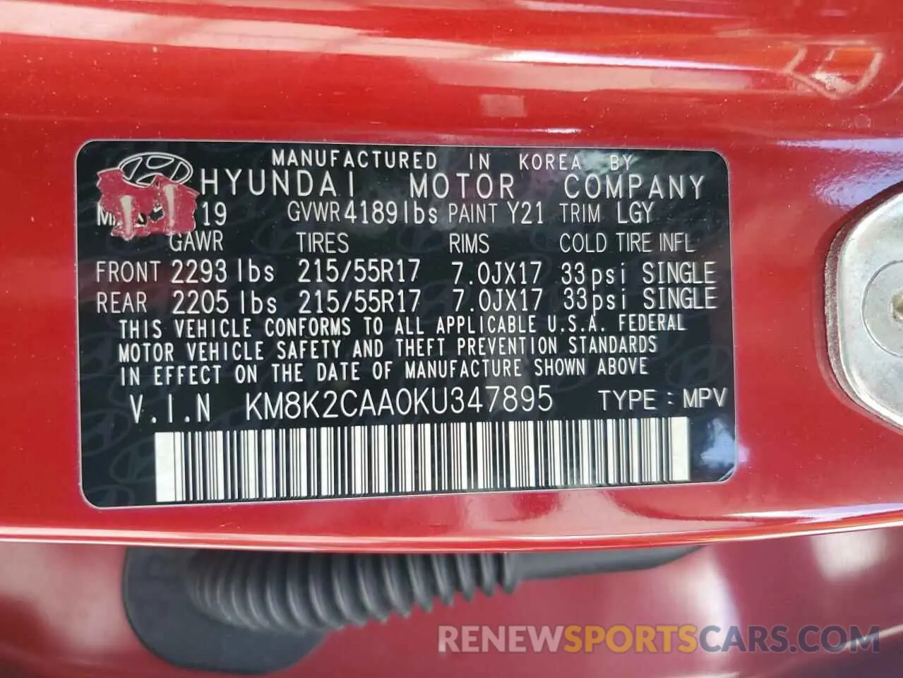 16 Photograph of a damaged car KM8K2CAA0KU347895 HYUNDAI KONA 2019
