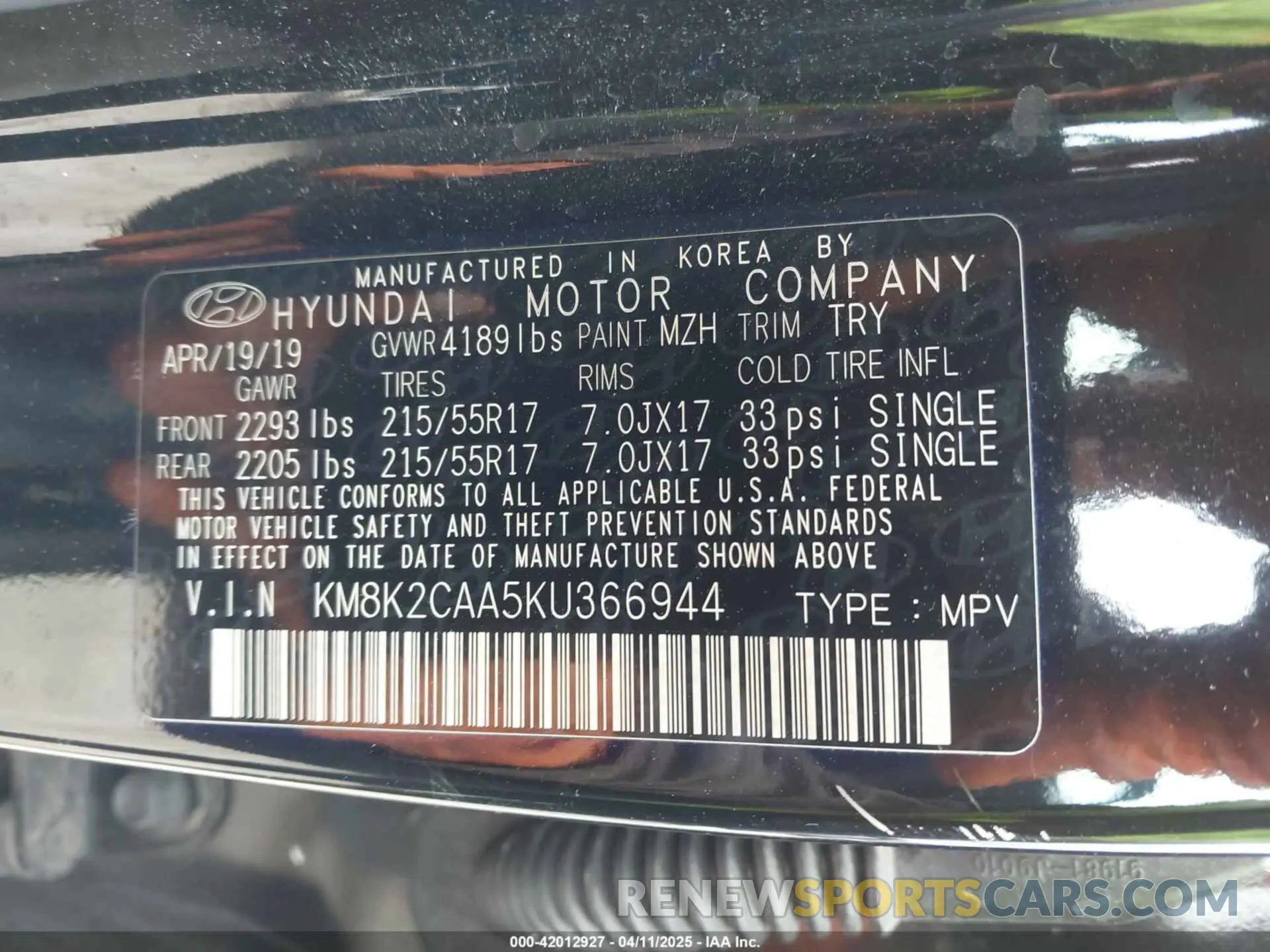 9 Photograph of a damaged car KM8K2CAA5KU366944 HYUNDAI KONA 2019