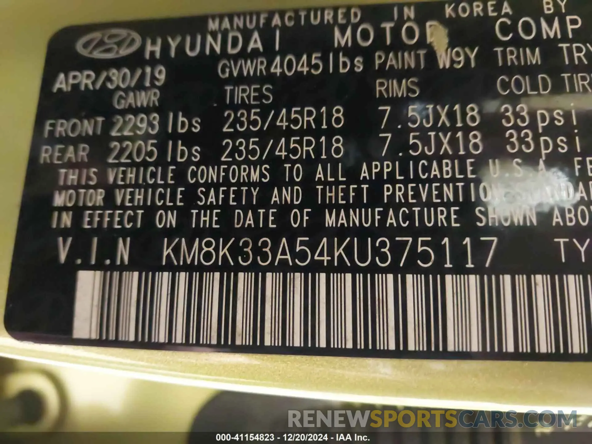 9 Photograph of a damaged car KM8K33A54KU375117 HYUNDAI KONA 2019