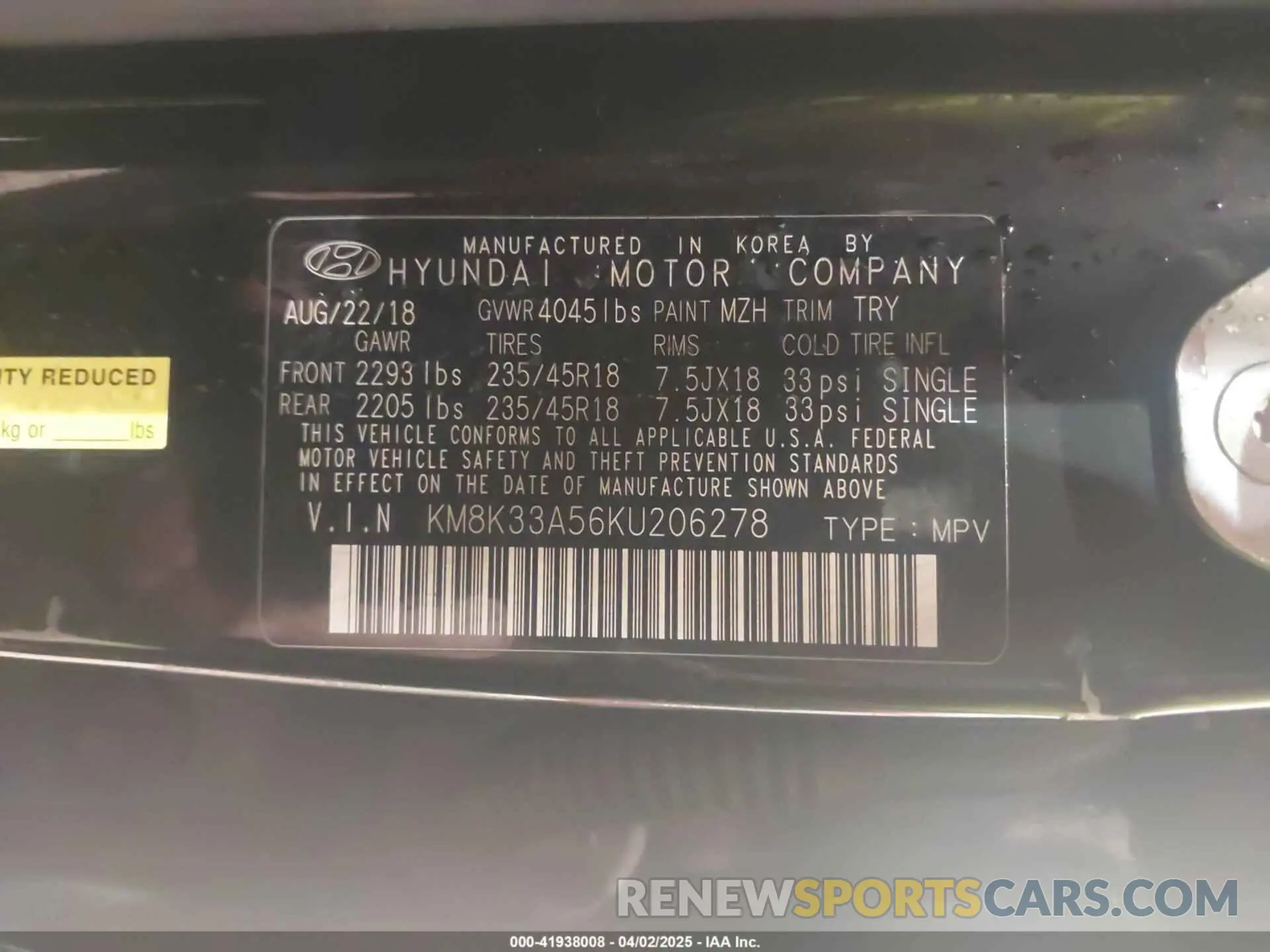 9 Фотография поврежденного автомобиля KM8K33A56KU206278 HYUNDAI KONA 2019
