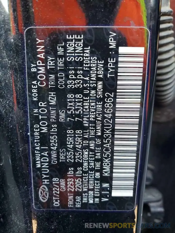 12 Photograph of a damaged car KM8K5CA53KU246862 HYUNDAI KONA 2019