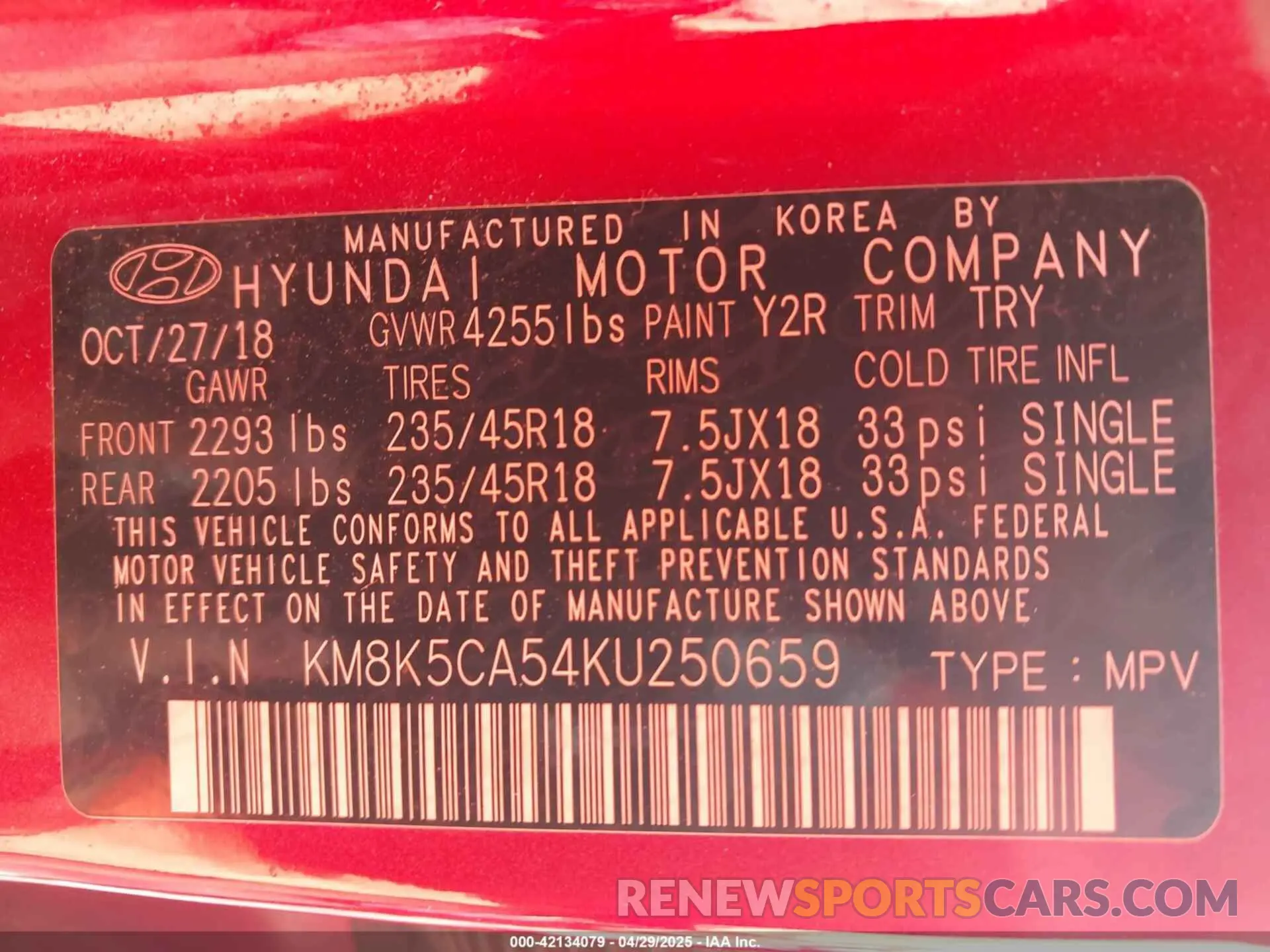 9 Photograph of a damaged car KM8K5CA54KU250659 HYUNDAI KONA 2019