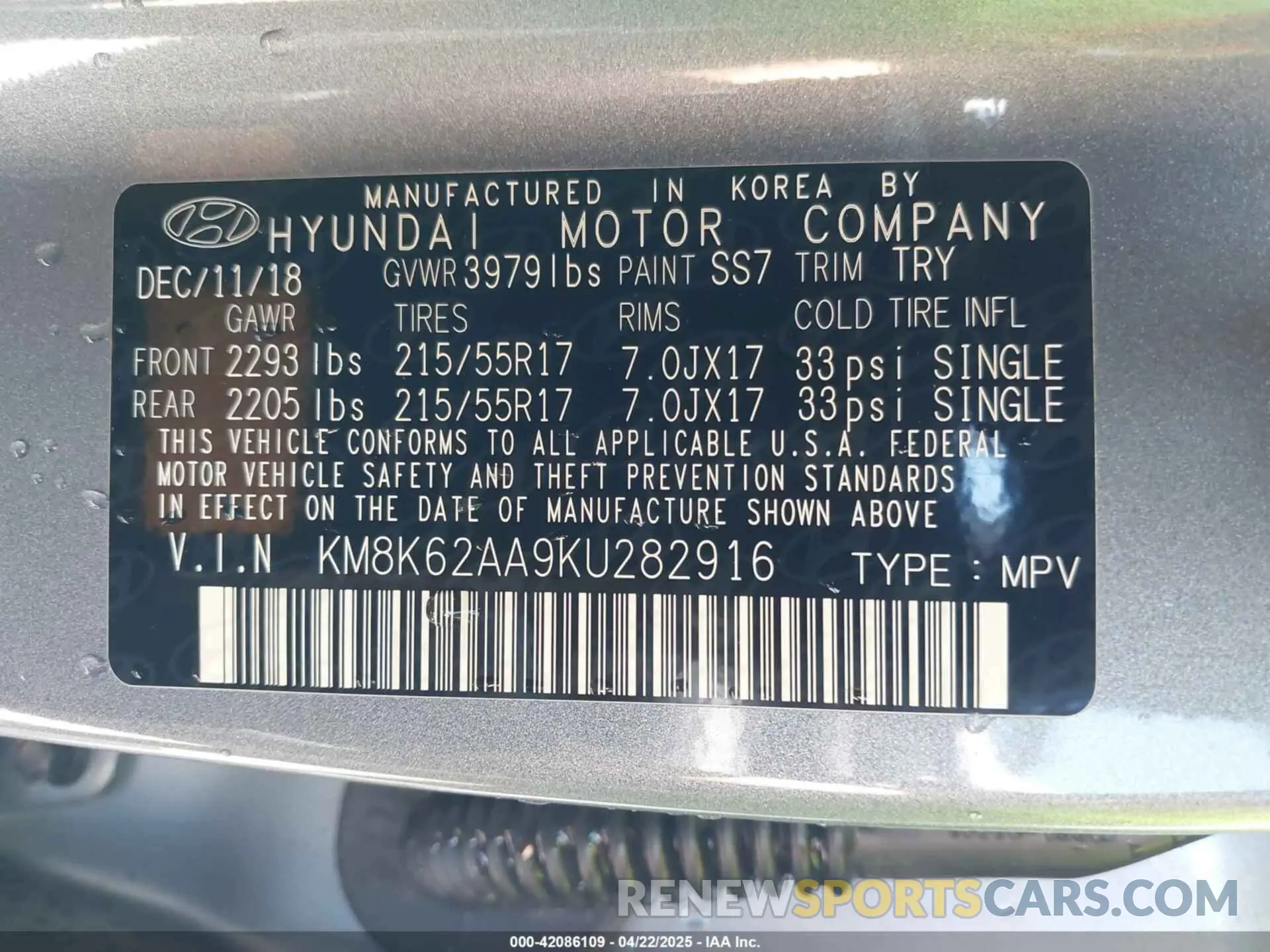 9 Photograph of a damaged car KM8K62AA9KU282916 HYUNDAI KONA 2019