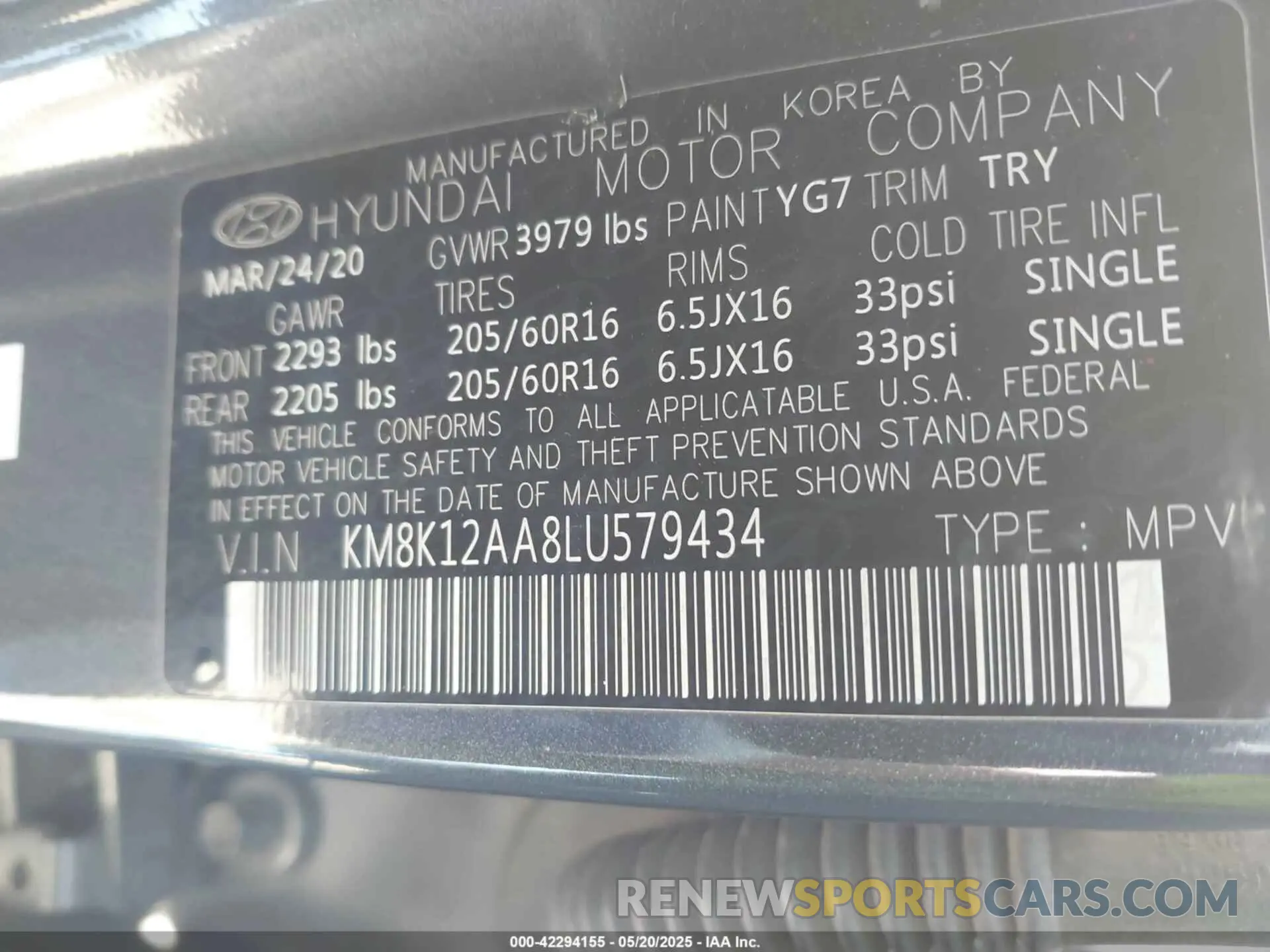 9 Photograph of a damaged car KM8K12AA8LU579434 HYUNDAI KONA 2020