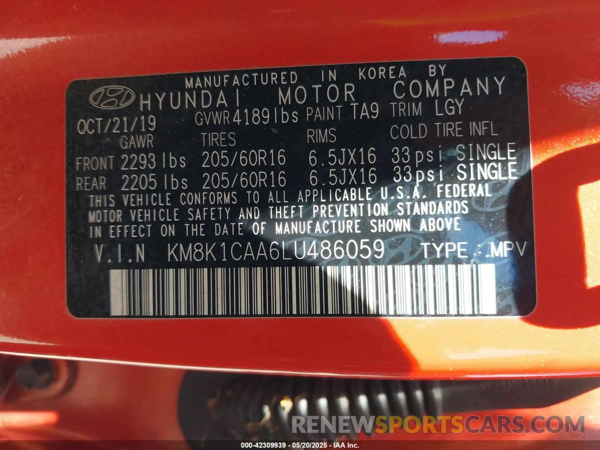 9 Photograph of a damaged car KM8K1CAA6LU486059 HYUNDAI KONA 2020
