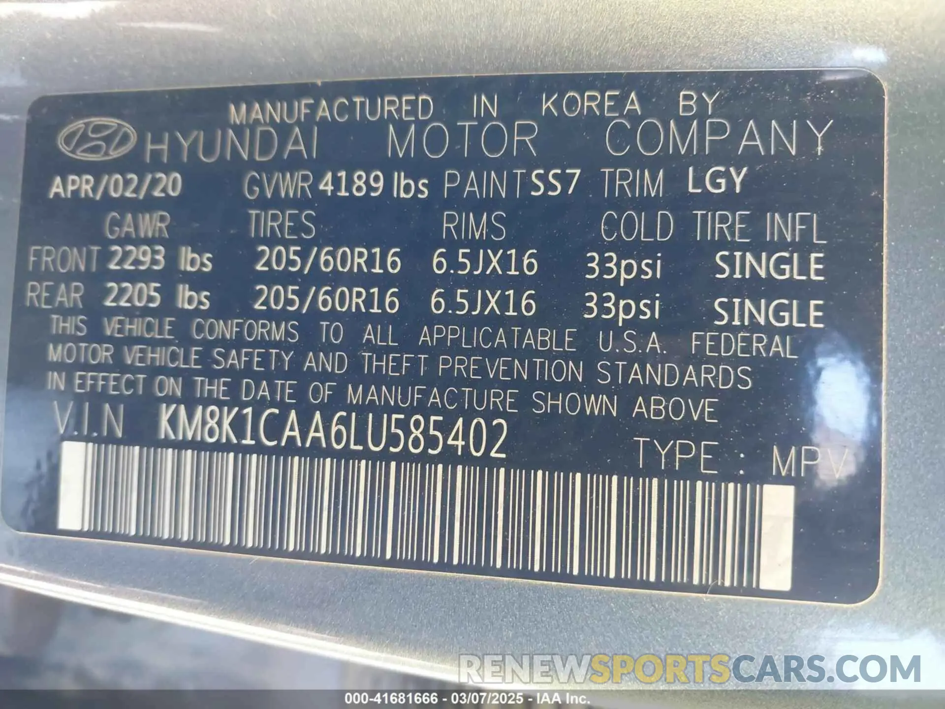 9 Photograph of a damaged car KM8K1CAA6LU585402 HYUNDAI KONA 2020