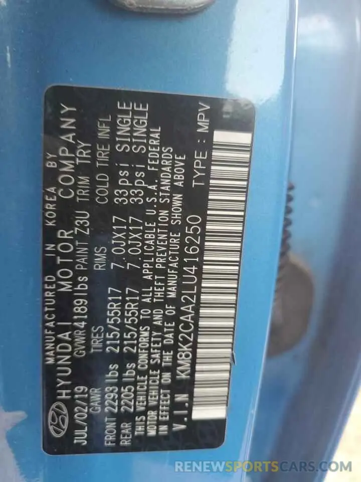 12 Photograph of a damaged car KM8K2CAA2LU416250 HYUNDAI KONA 2020