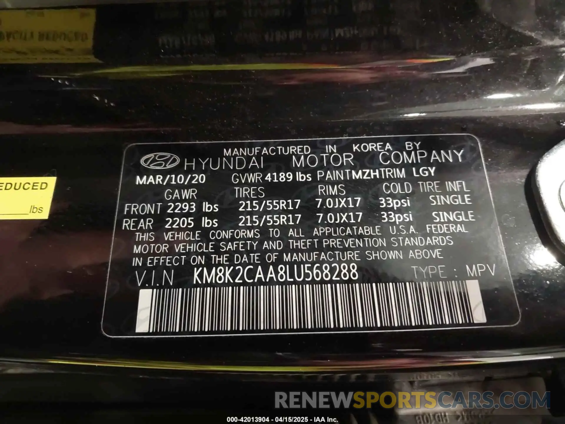 9 Photograph of a damaged car KM8K2CAA8LU568288 HYUNDAI KONA 2020