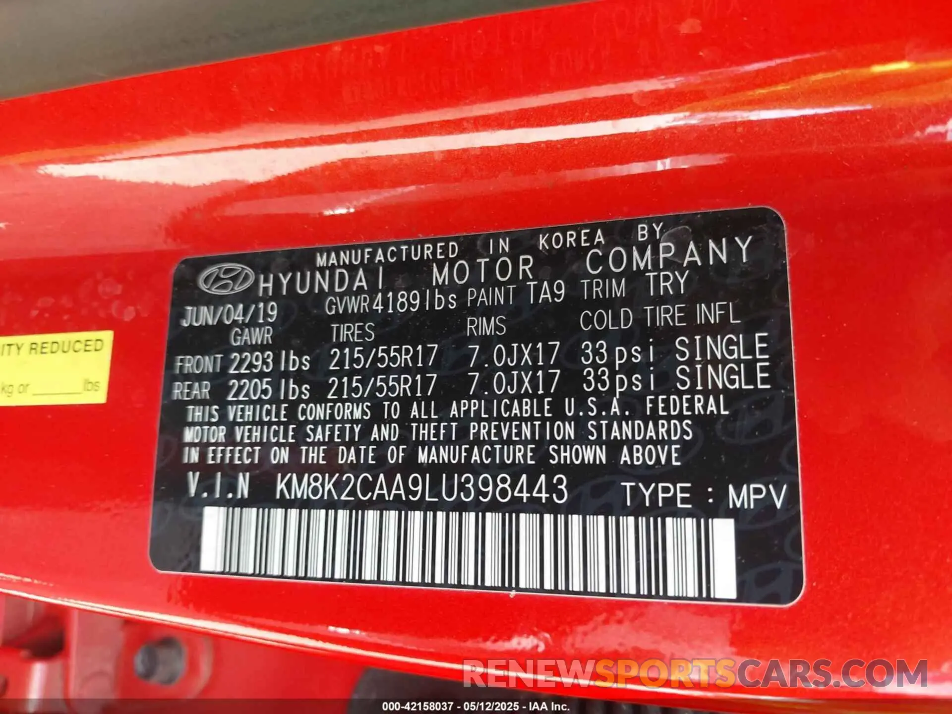 9 Фотография поврежденного автомобиля KM8K2CAA9LU398443 HYUNDAI KONA 2020