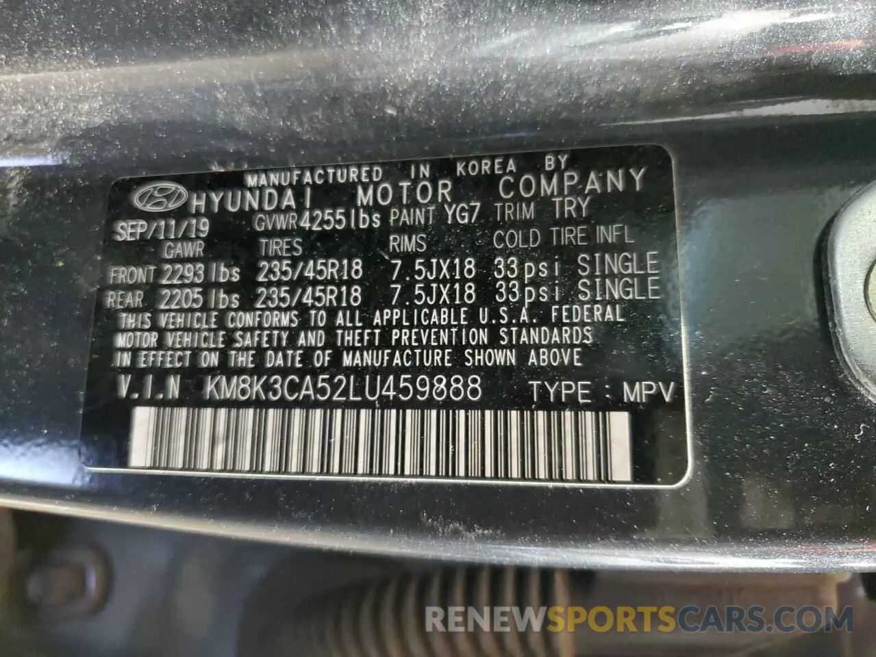 13 Photograph of a damaged car KM8K3CA52LU459888 HYUNDAI KONA 2020