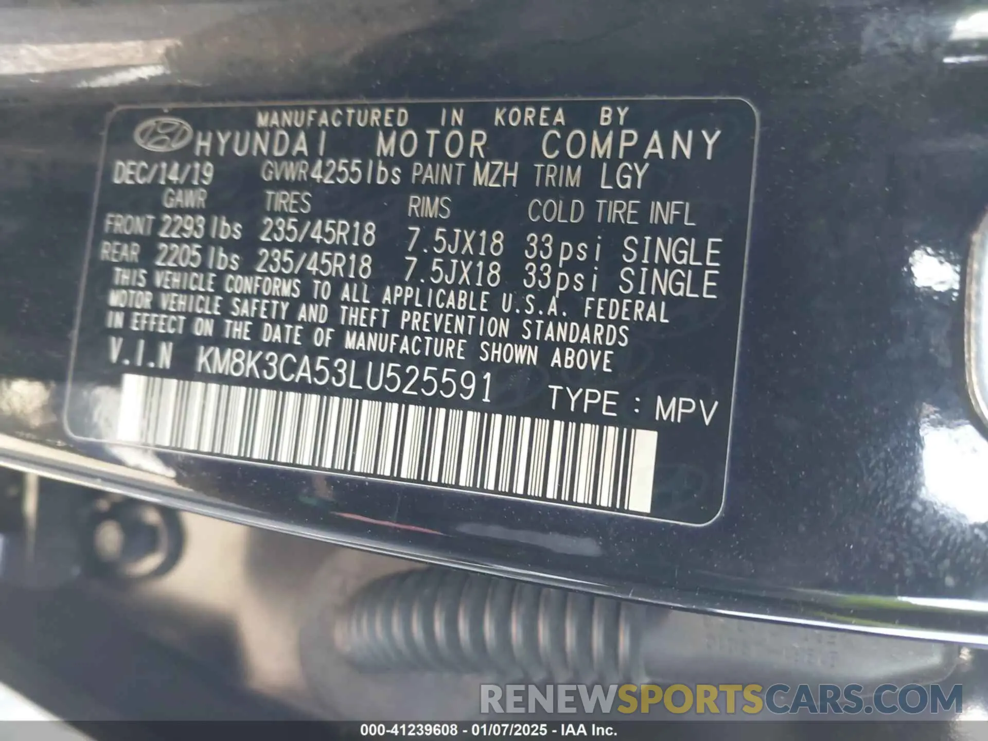 9 Photograph of a damaged car KM8K3CA53LU525591 HYUNDAI KONA 2020