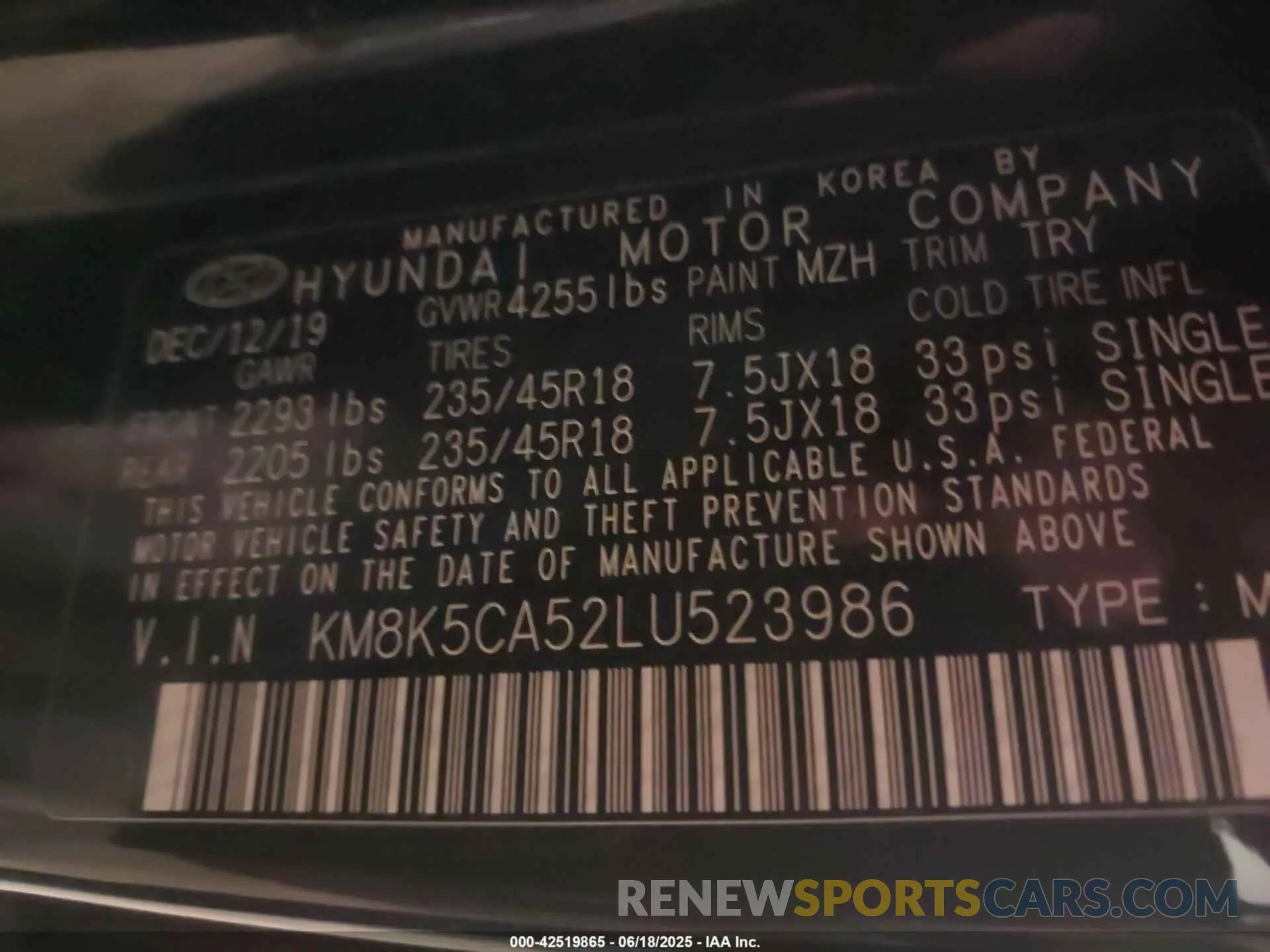 9 Фотография поврежденного автомобиля KM8K5CA52LU523986 HYUNDAI KONA 2020