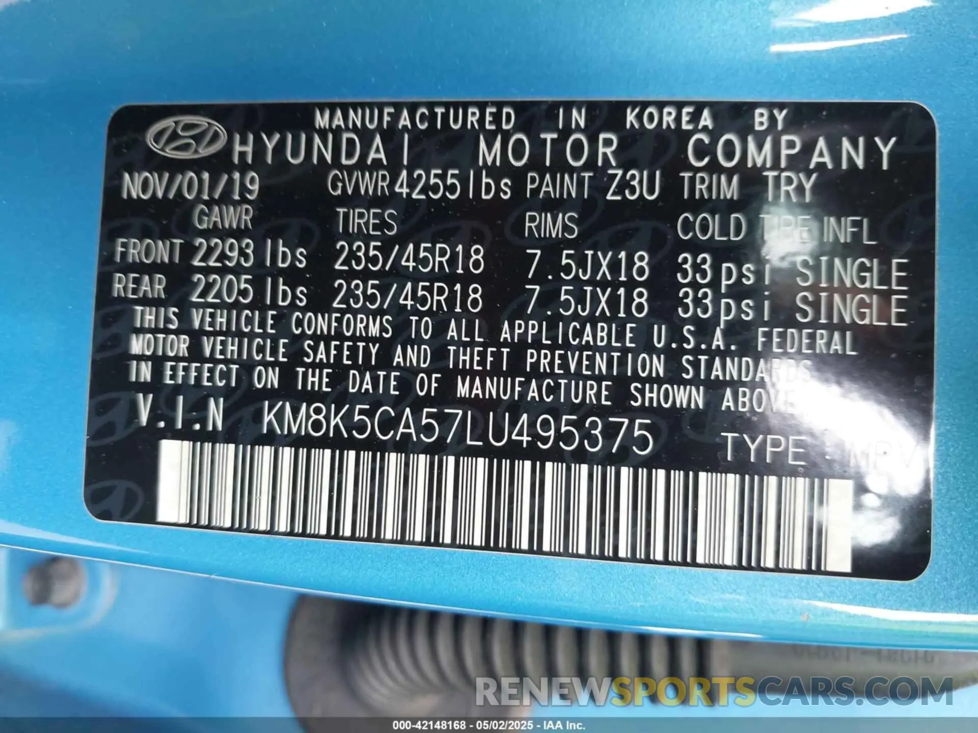 9 Photograph of a damaged car KM8K5CA57LU495375 HYUNDAI KONA 2020