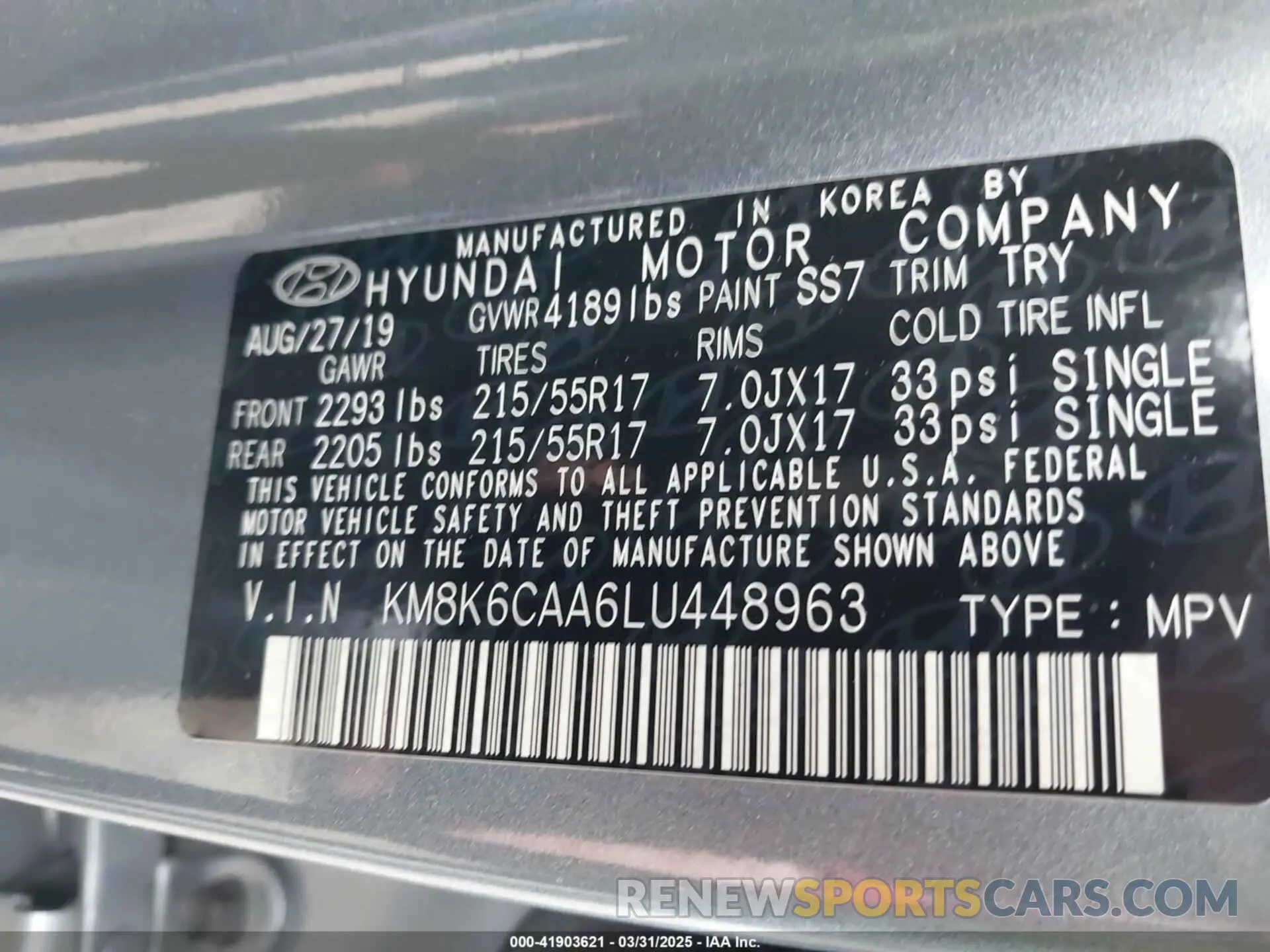 9 Photograph of a damaged car KM8K6CAA6LU448963 HYUNDAI KONA 2020