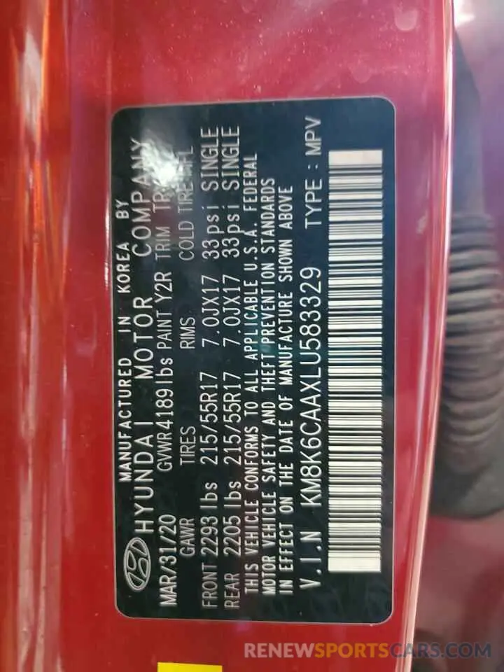 12 Photograph of a damaged car KM8K6CAAXLU583329 HYUNDAI KONA 2020
