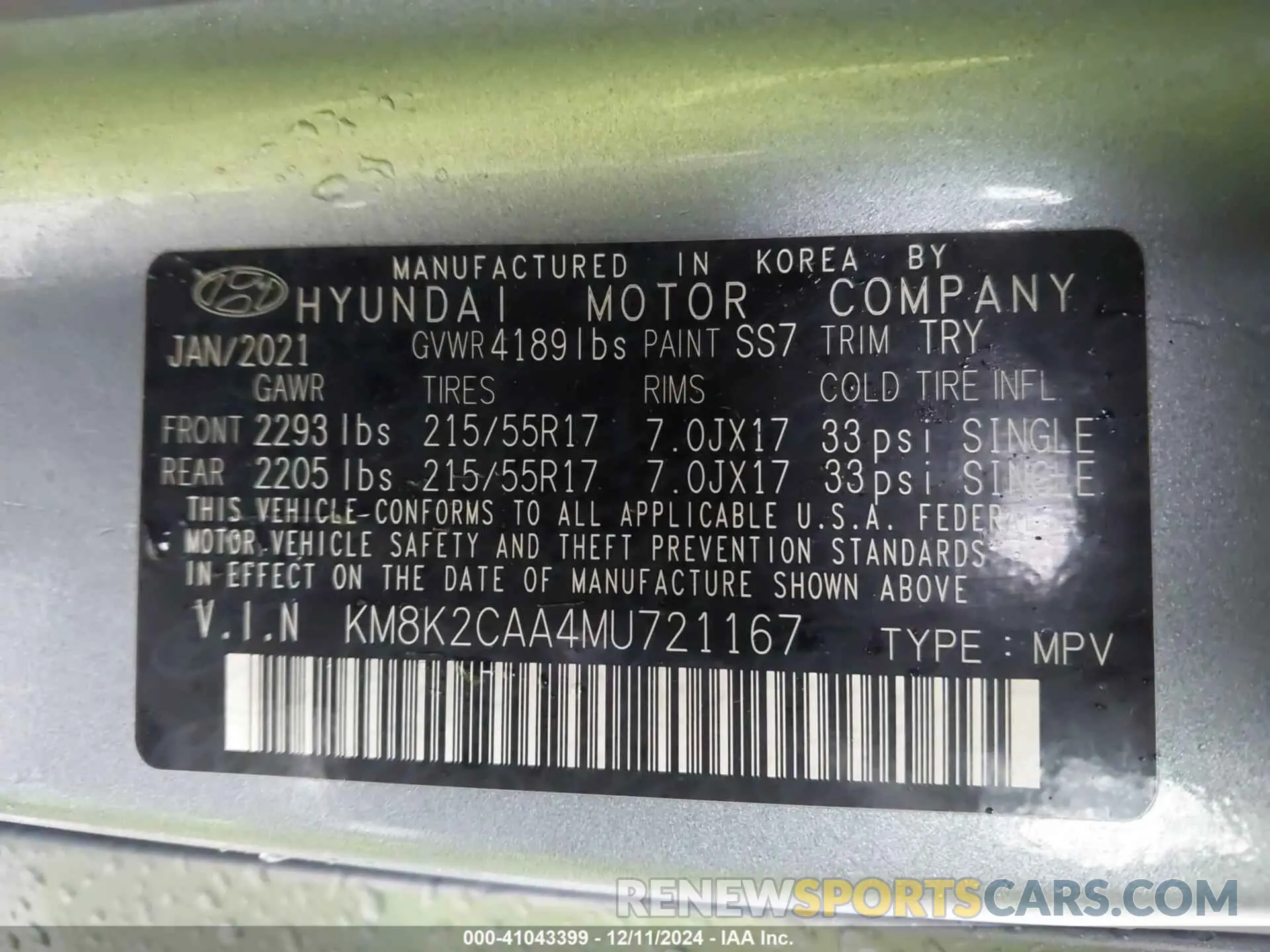 9 Photograph of a damaged car KM8K2CAA4MU721167 HYUNDAI KONA 2021