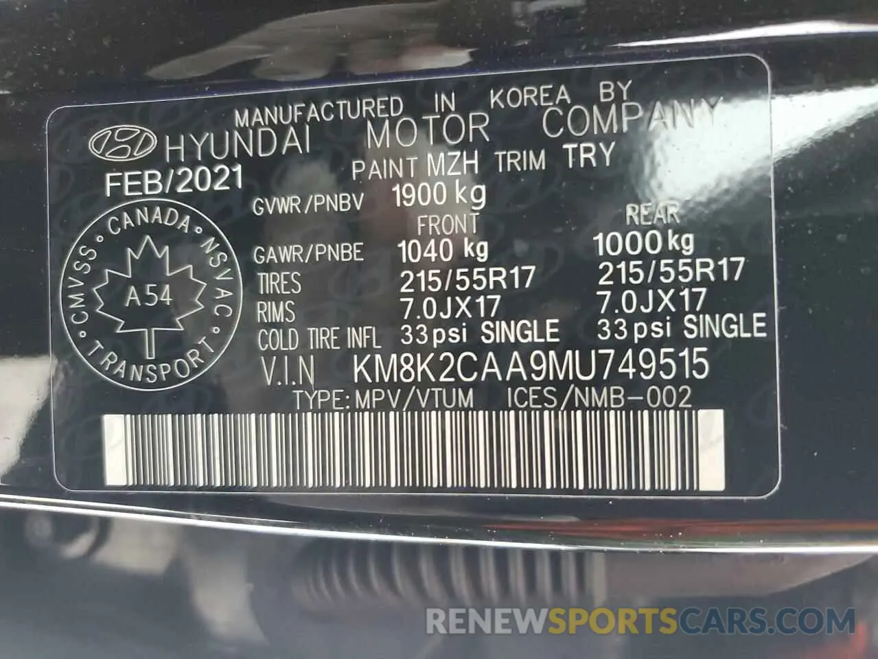 13 Photograph of a damaged car KM8K2CAA9MU749515 HYUNDAI KONA 2021