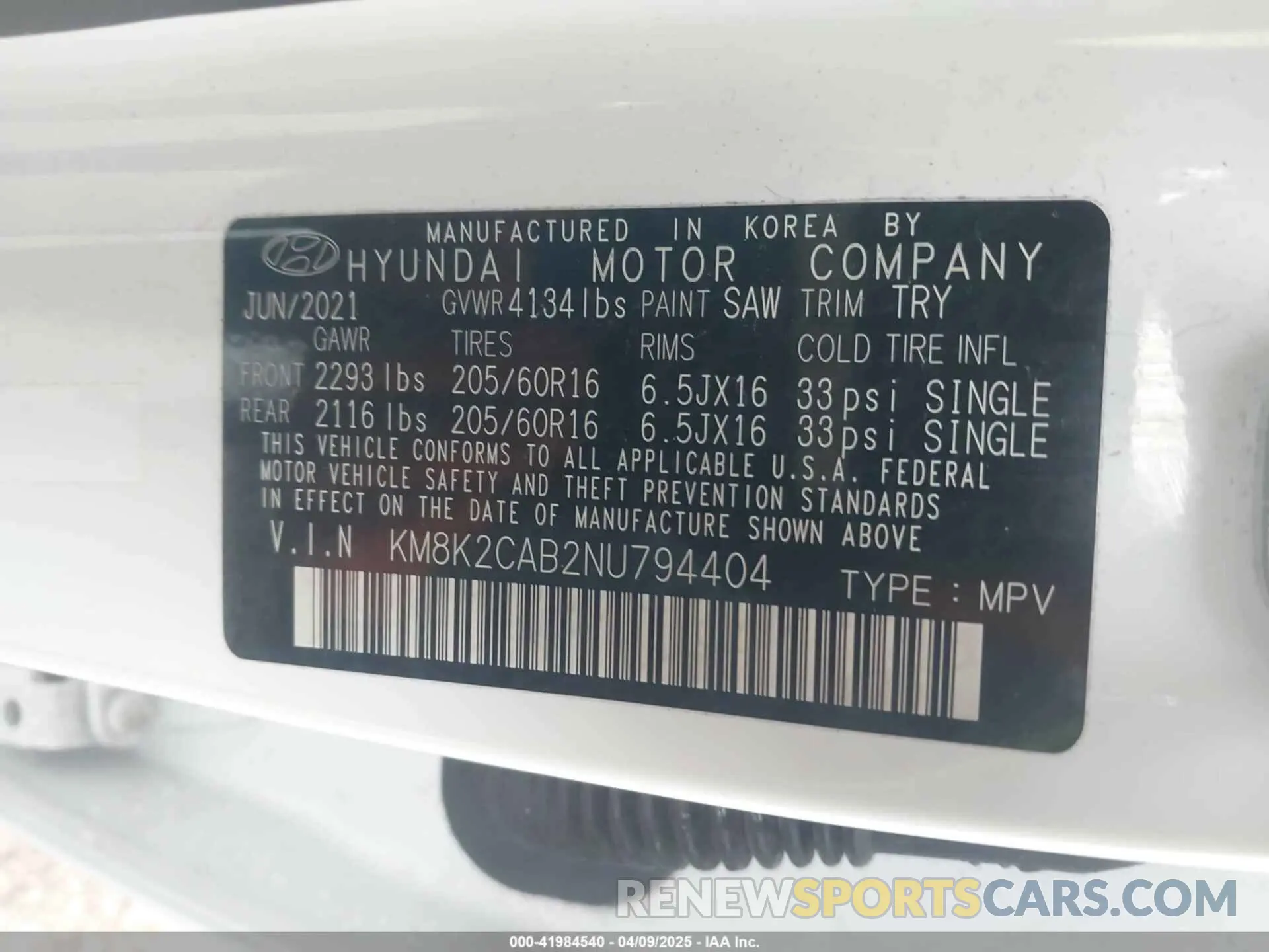9 Фотография поврежденного автомобиля KM8K2CAB2NU794404 HYUNDAI KONA 2022