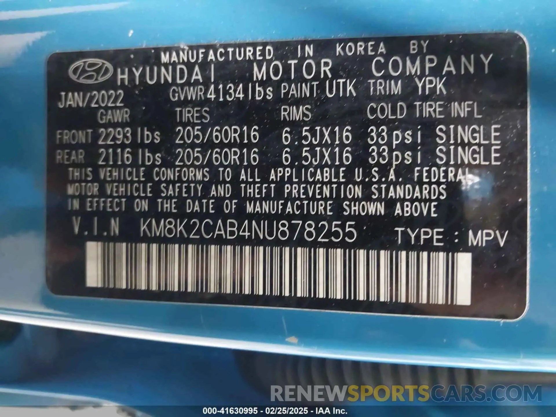 9 Фотография поврежденного автомобиля KM8K2CAB4NU878255 HYUNDAI KONA 2022