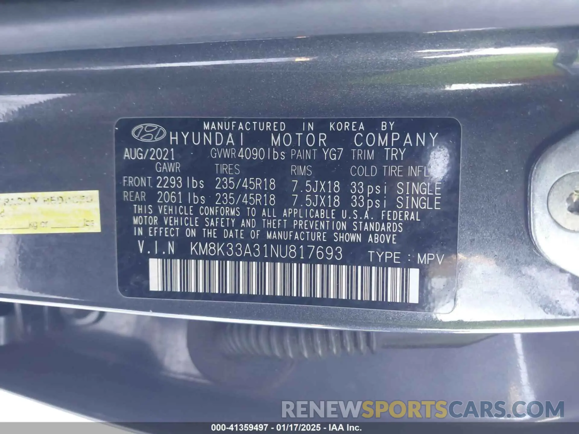 9 Фотография поврежденного автомобиля KM8K33A31NU817693 HYUNDAI KONA 2022