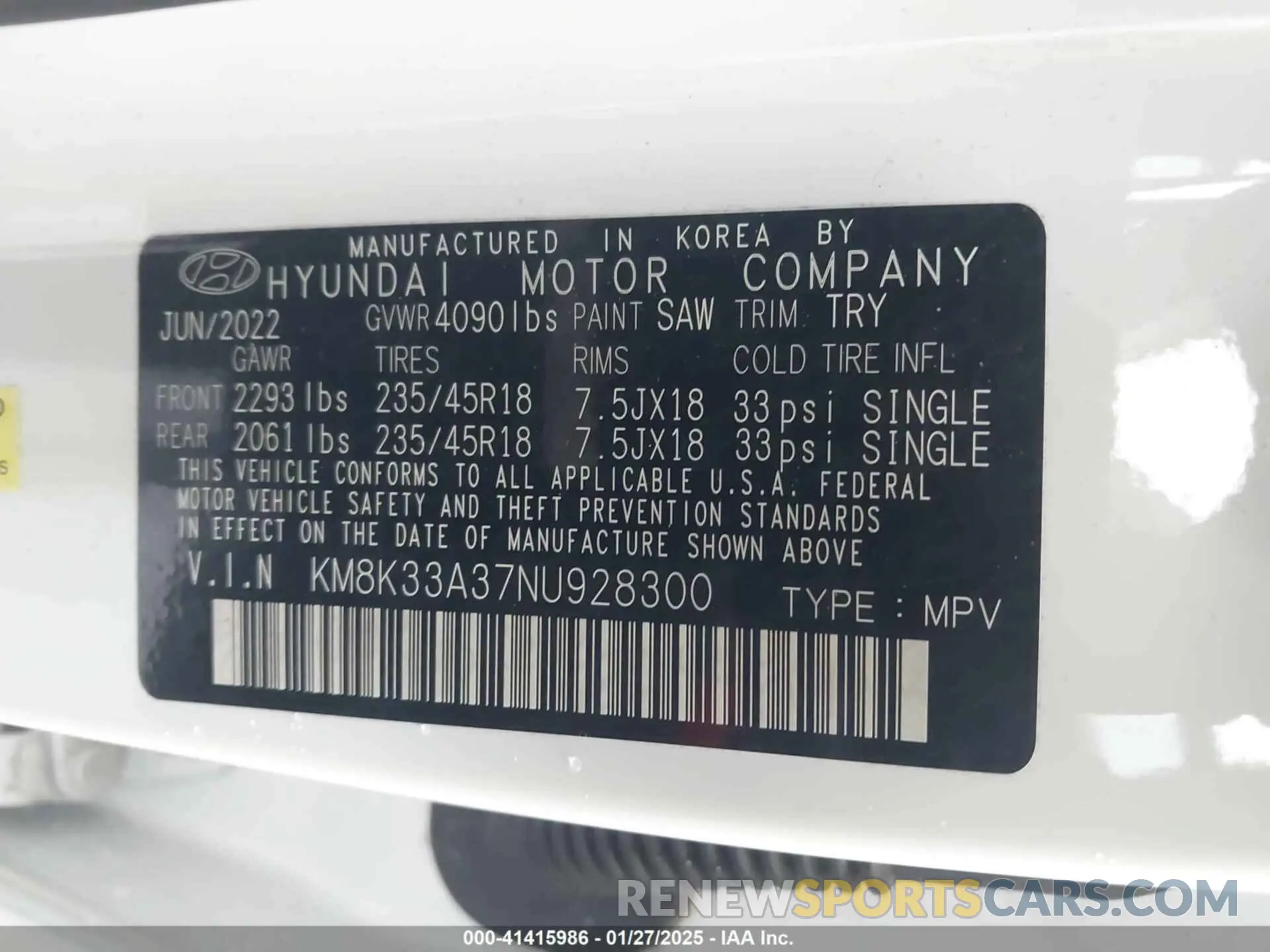 9 Photograph of a damaged car KM8K33A37NU928300 HYUNDAI KONA 2022