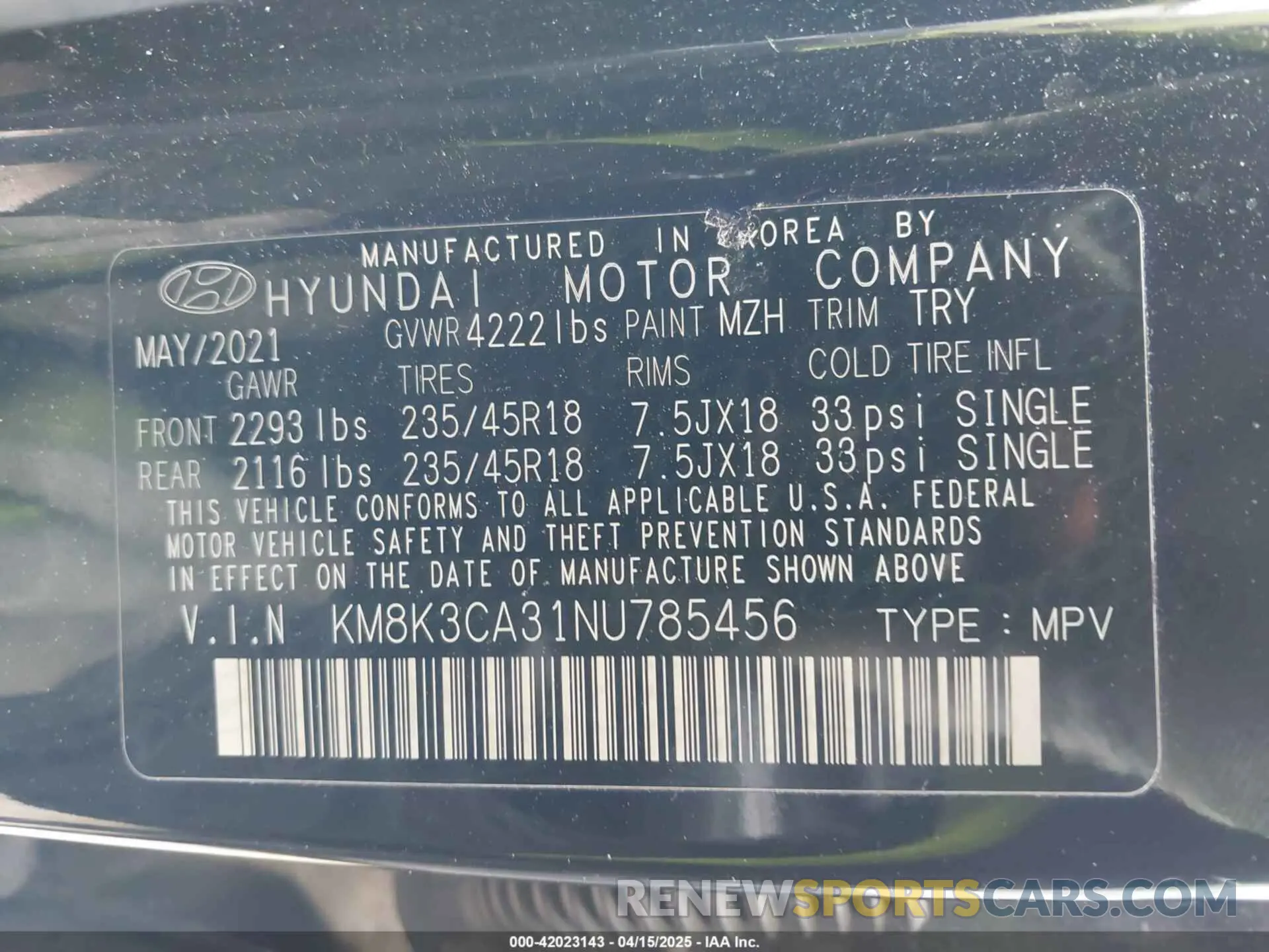 9 Photograph of a damaged car KM8K3CA31NU785456 HYUNDAI KONA 2022