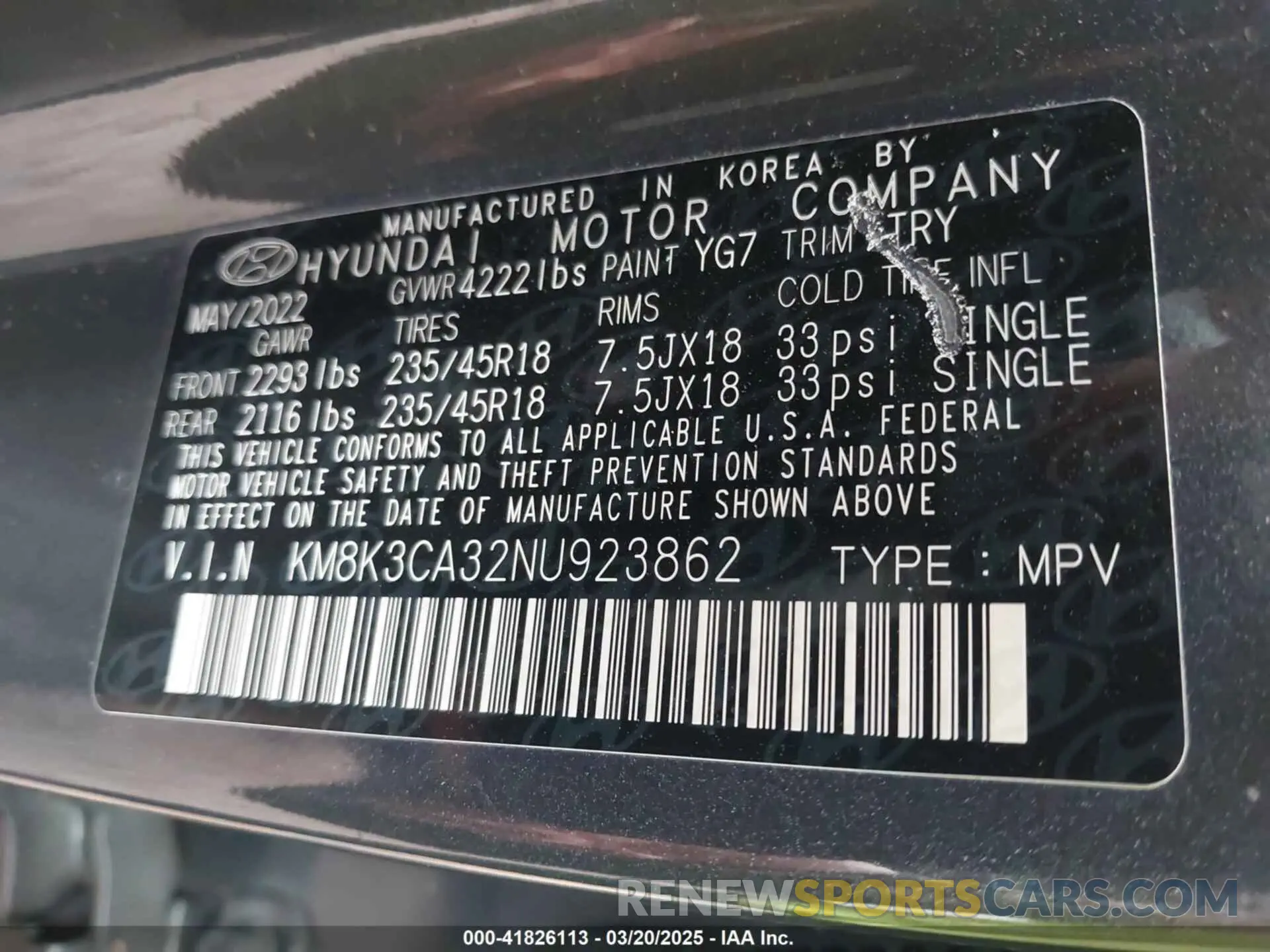 9 Photograph of a damaged car KM8K3CA32NU923862 HYUNDAI KONA 2022