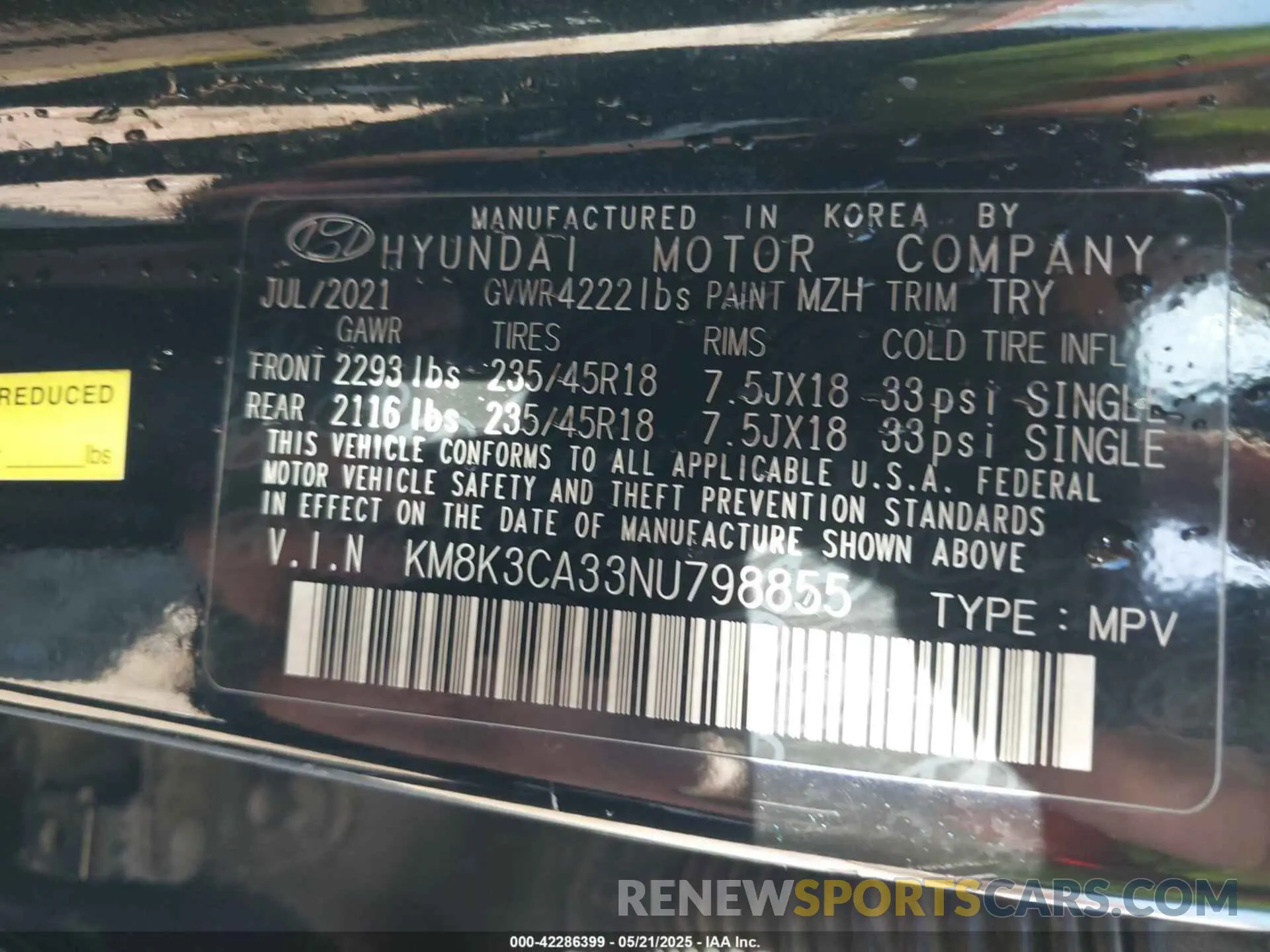 9 Photograph of a damaged car KM8K3CA33NU798855 HYUNDAI KONA 2022