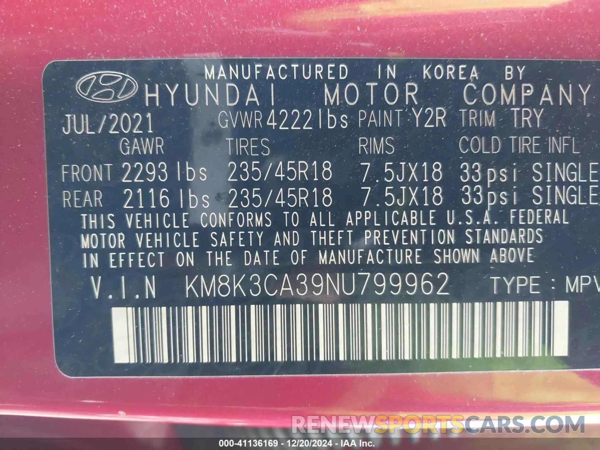 9 Photograph of a damaged car KM8K3CA39NU799962 HYUNDAI KONA 2022