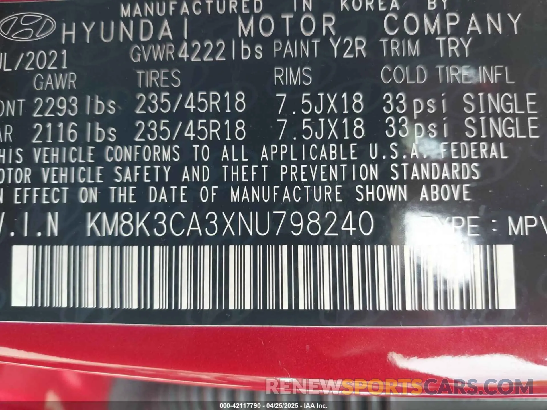 9 Photograph of a damaged car KM8K3CA3XNU798240 HYUNDAI KONA 2022