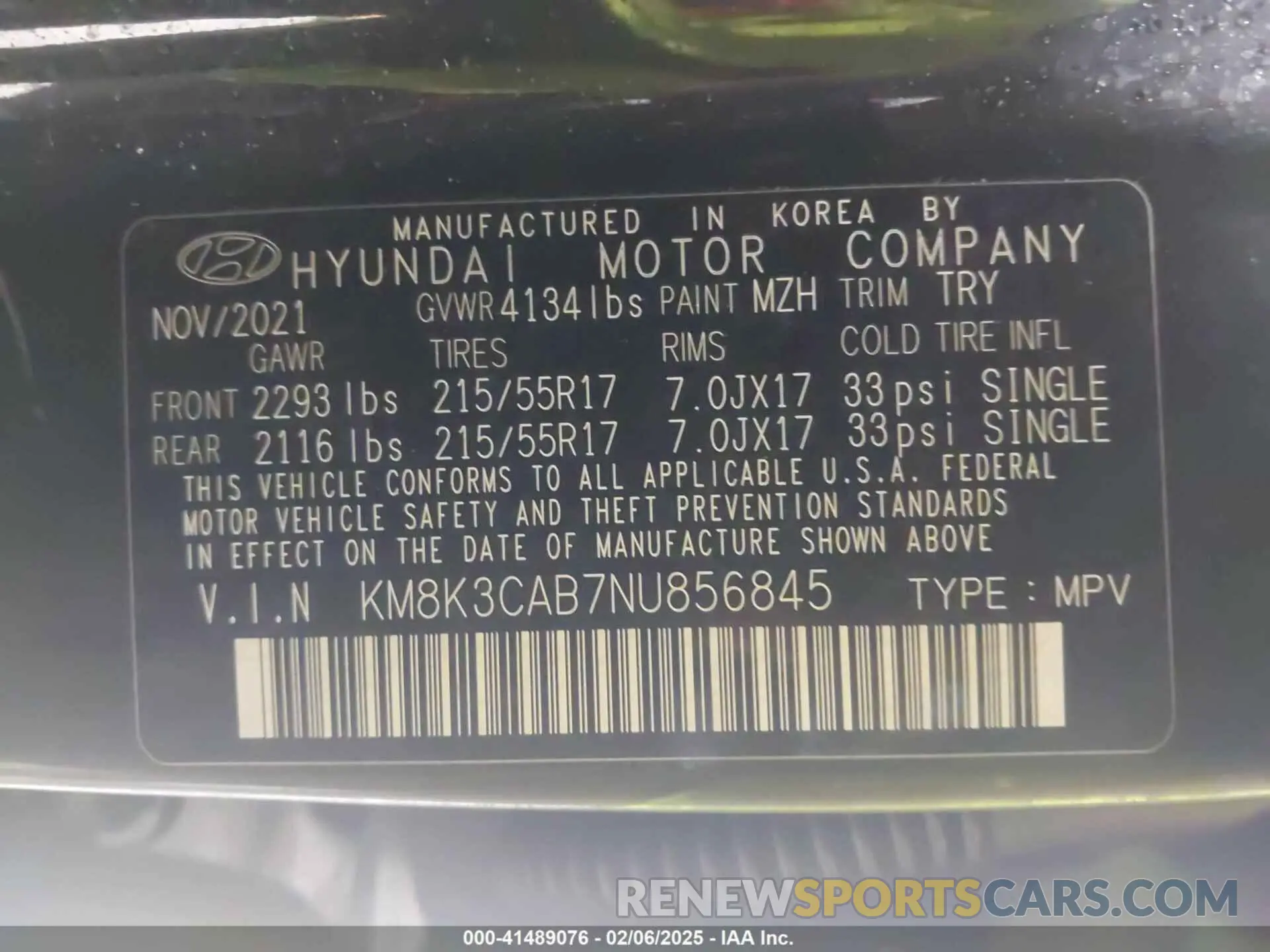 9 Фотография поврежденного автомобиля KM8K3CAB7NU856845 HYUNDAI KONA 2022