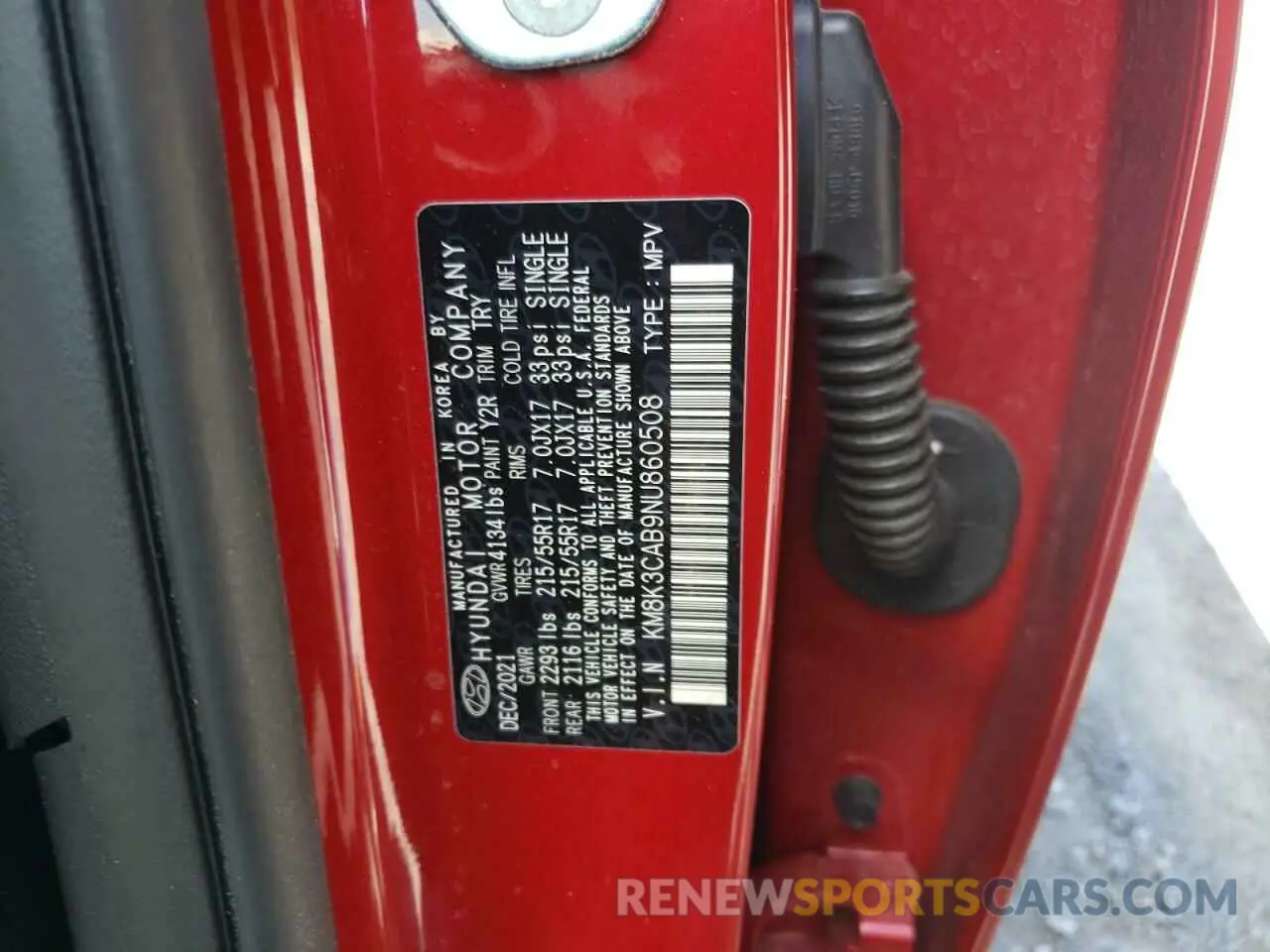 10 Photograph of a damaged car KM8K3CAB9NU860508 HYUNDAI KONA 2022